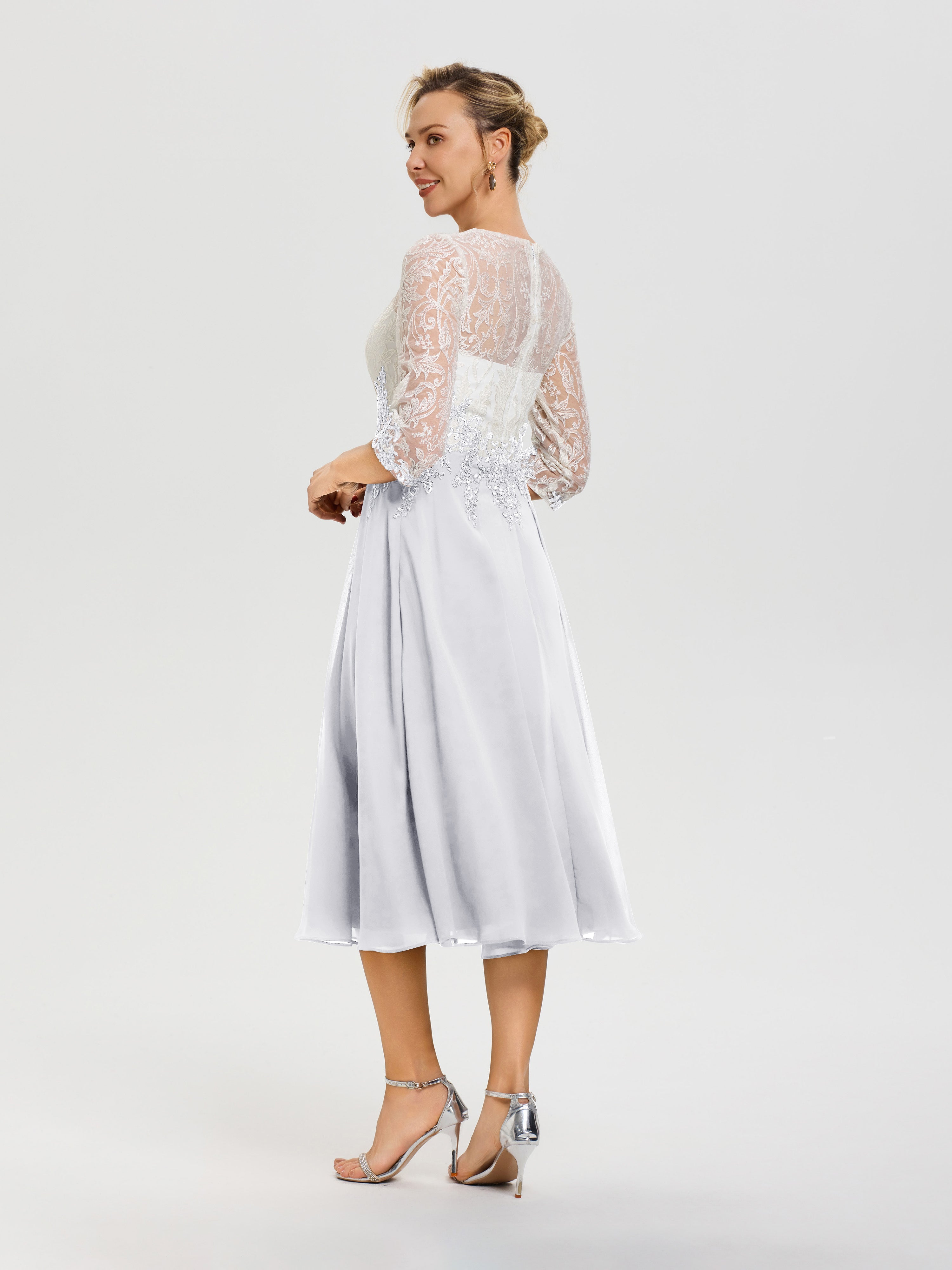 Robe Mère De Mariée Blanc Col Rond Mousseline & Dentelle 3/4 Manches Robe Mère Mariée