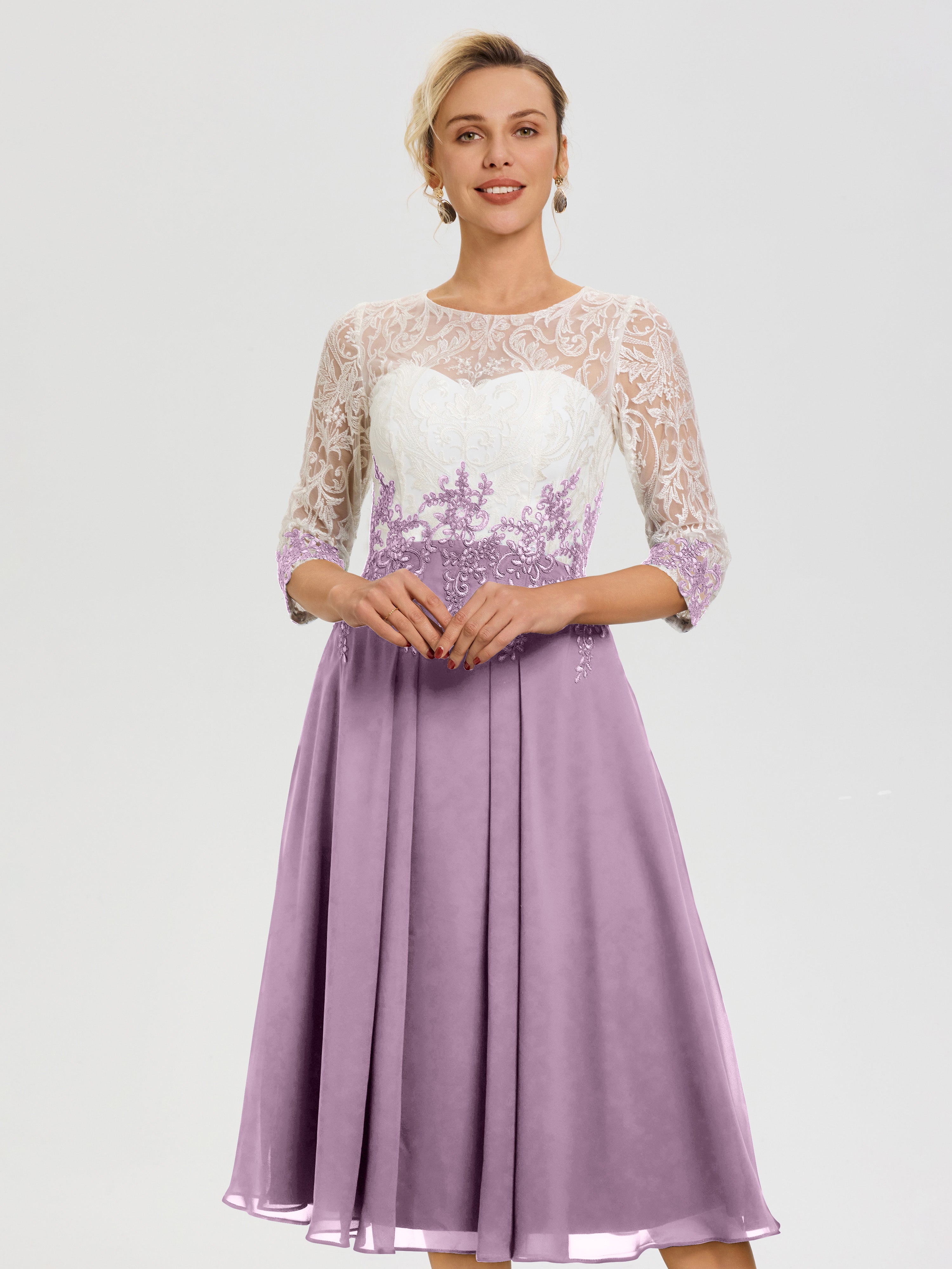 Robe Mère De Mariée Glycine Col Rond Mousseline & Dentelle 3/4 Manches Robe Mère Mariée