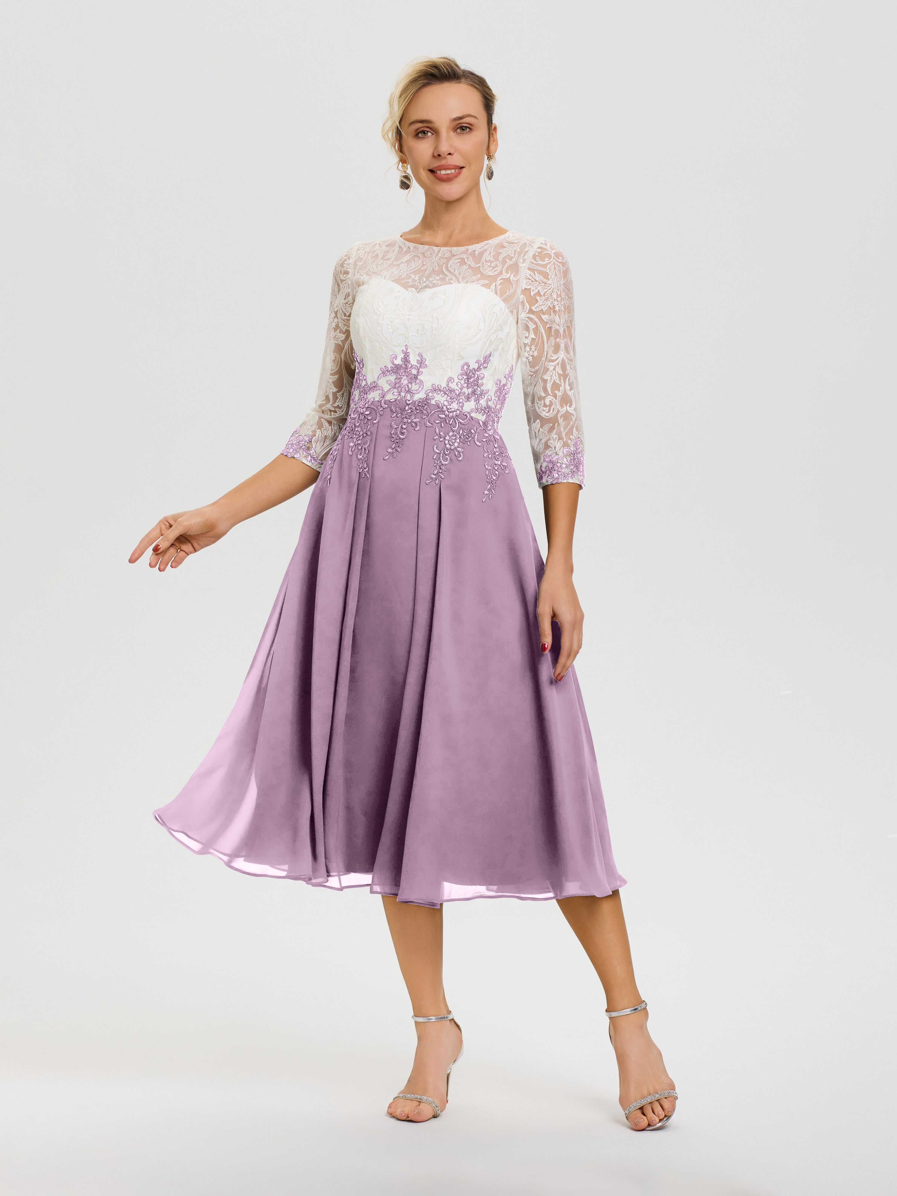 Robe Mère De Mariée Glycine Col Rond Mousseline & Dentelle 3/4 Manches Robe Mère Mariée