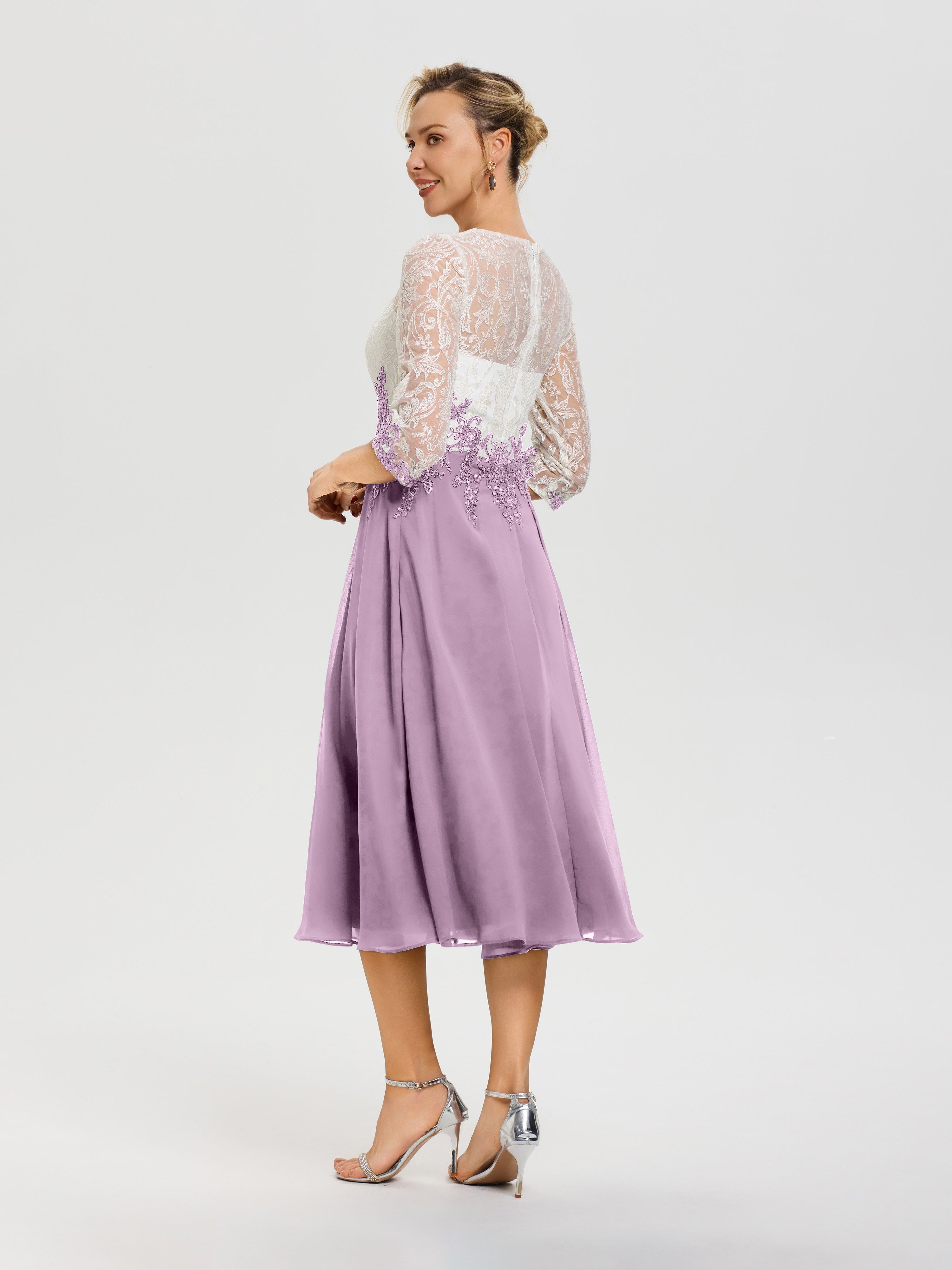 Robe Mère De Mariée Glycine Col Rond Mousseline & Dentelle 3/4 Manches Robe Mère Mariée