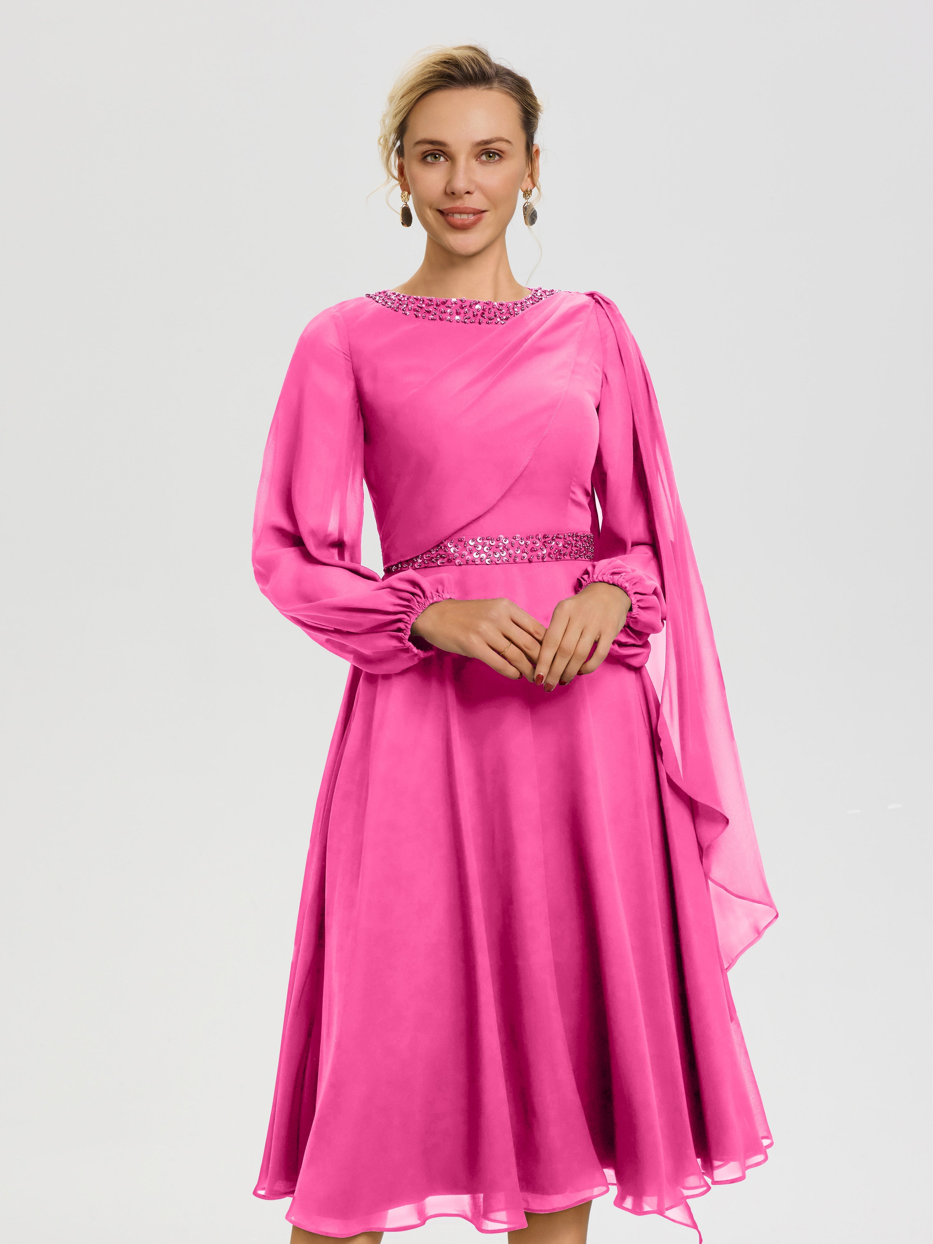 Tenue Mere Dela Mariee Azalée Col Rond Manches Longues Mousseline Robe De Mère Du Marié