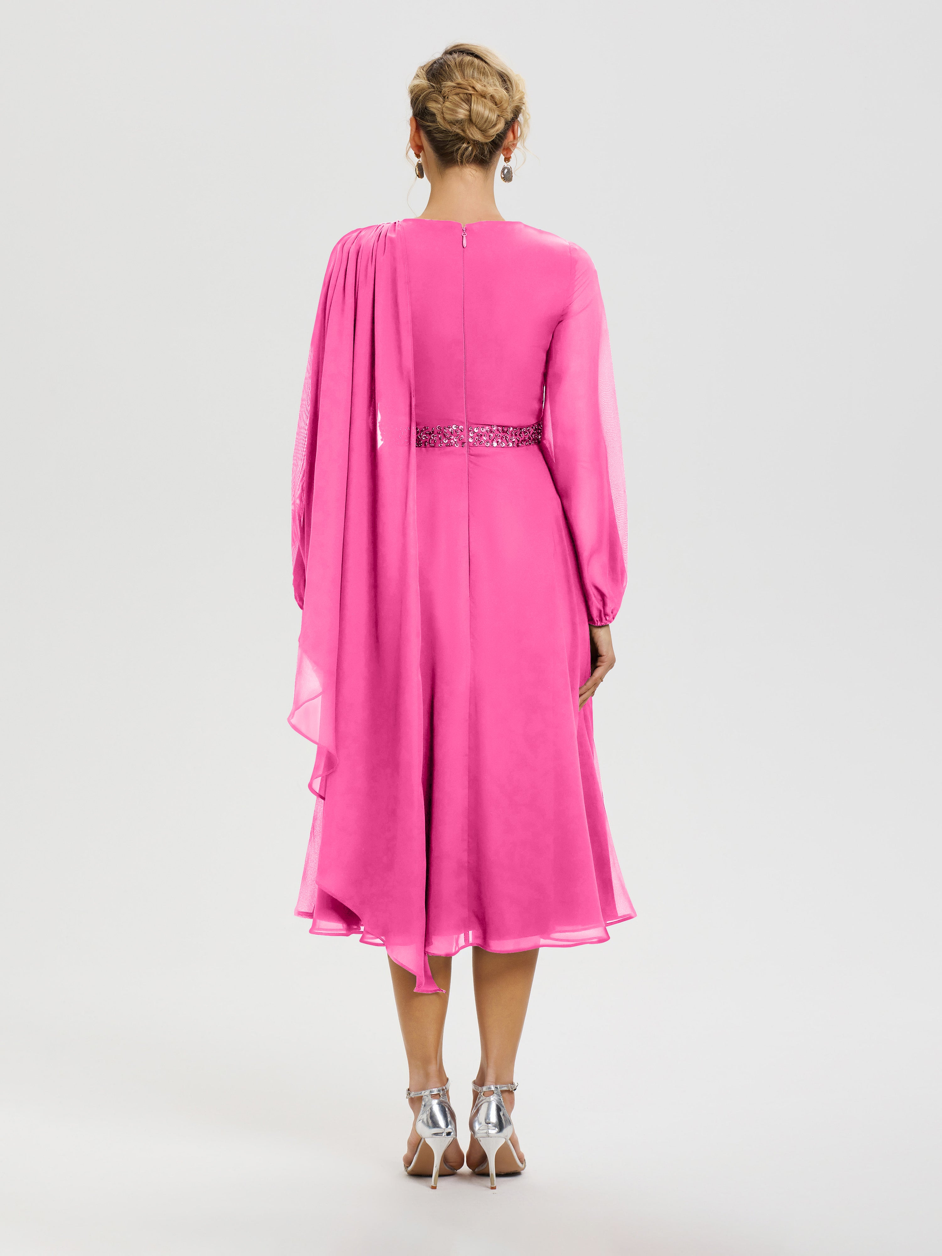 Tenue Mere Dela Mariee Azalée Col Rond Manches Longues Mousseline Robe De Mère Du Marié