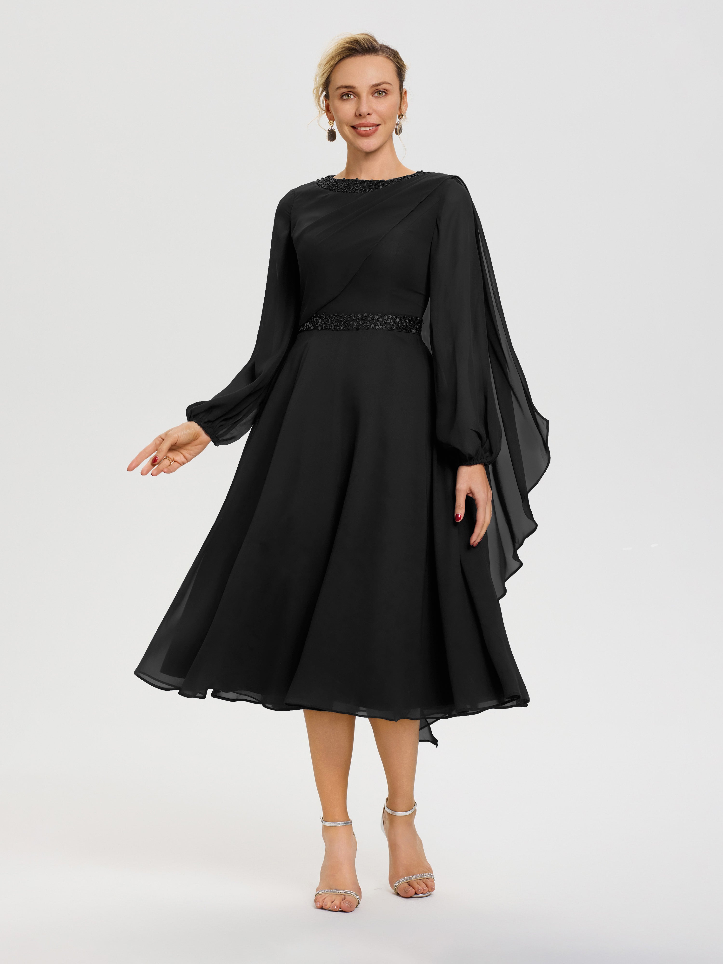 Robe Pour Mère De La Mariée Noir Col Rond Manches Longues Mousseline Robe De Mère Du Marié