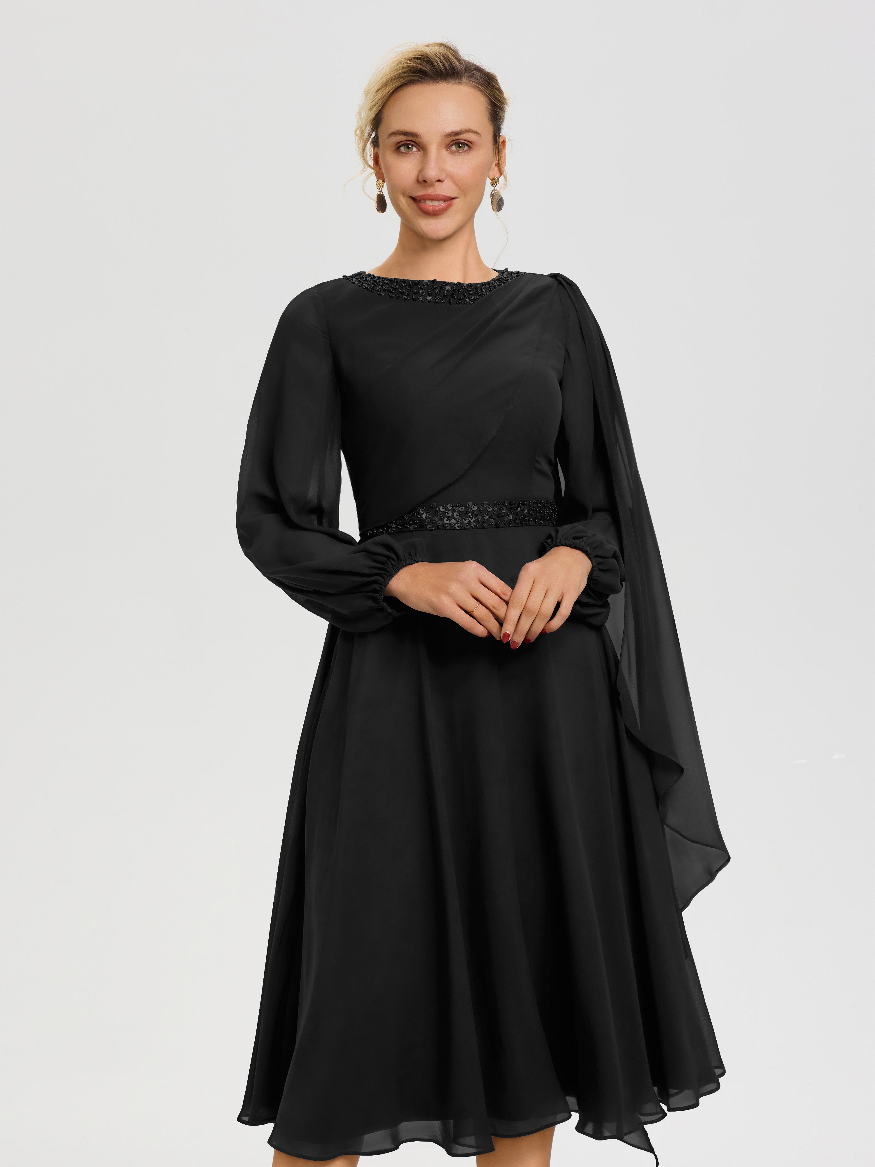 Robe Pour Mère De La Mariée Noir Col Rond Manches Longues Mousseline Robe De Mère Du Marié