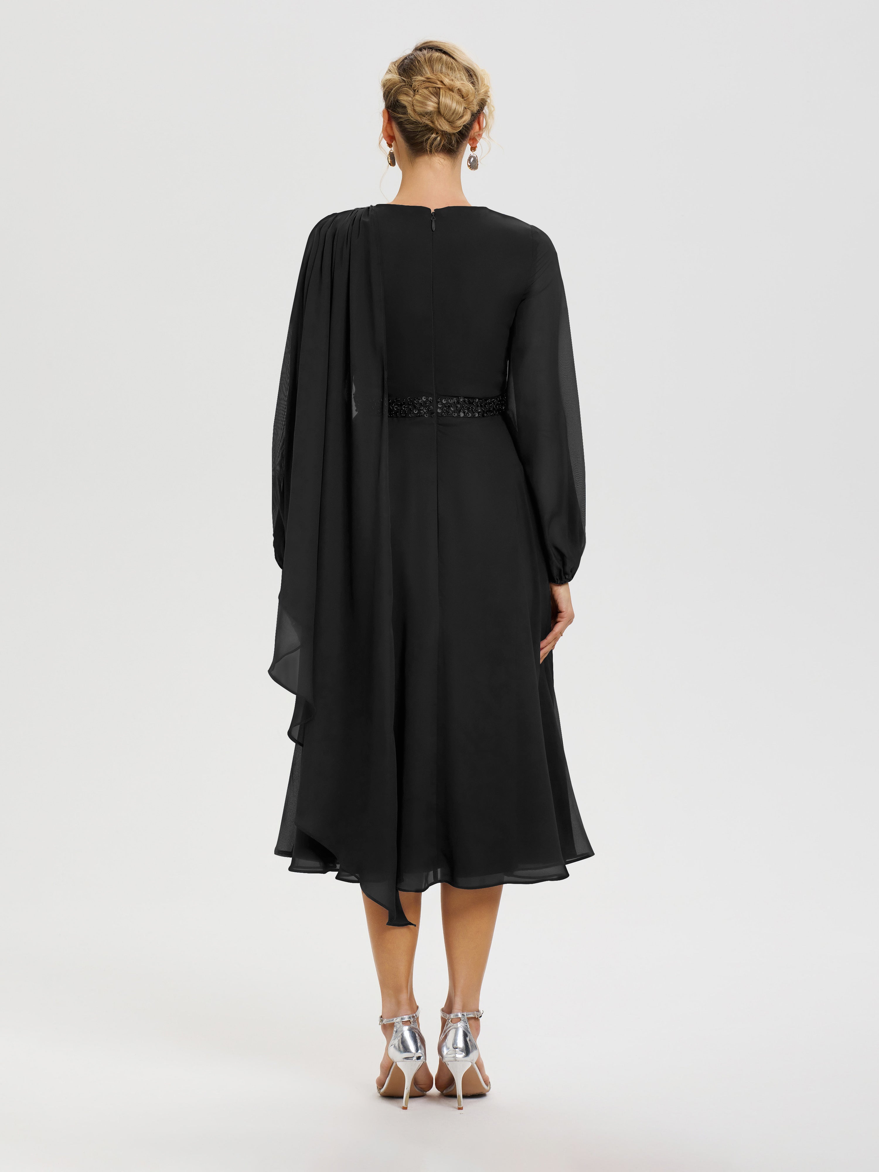 Robe Pour Mère De La Mariée Noir Col Rond Manches Longues Mousseline Robe De Mère Du Marié