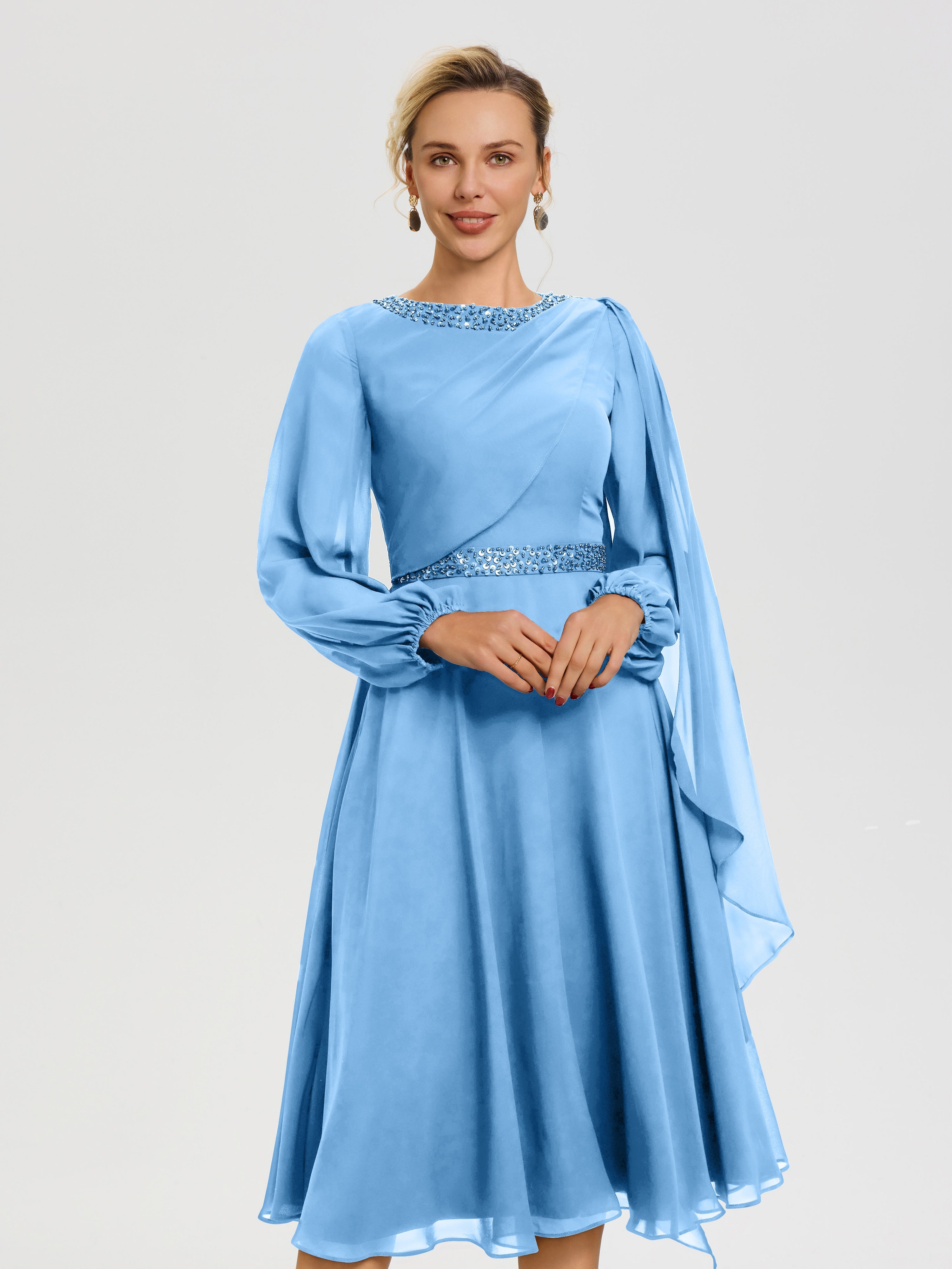 Cicinia Robe Mère De La Mariée Bleu Col Rond Manches Longues Mousseline Robe De Mère Du Marié