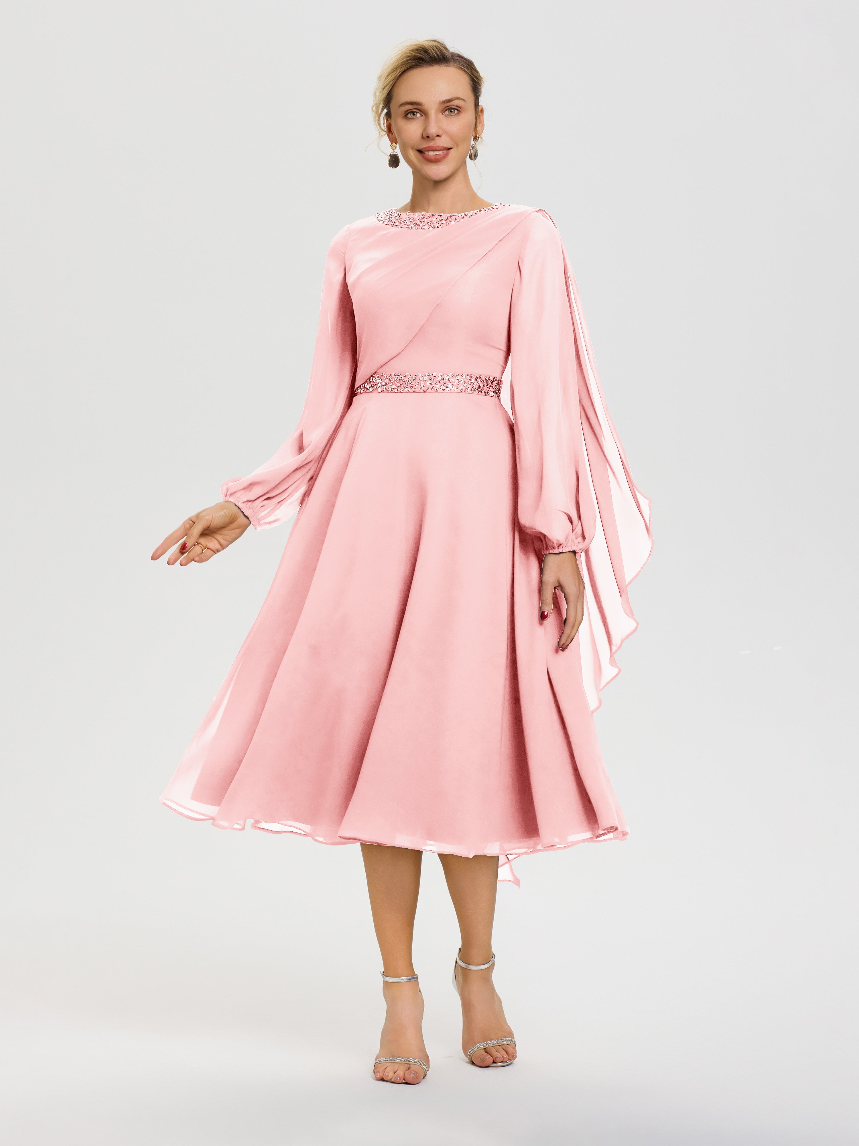 Robe Mere De La Mariee Rose Col Rond Manches Longues Mousseline Robe De Mère Du Marié