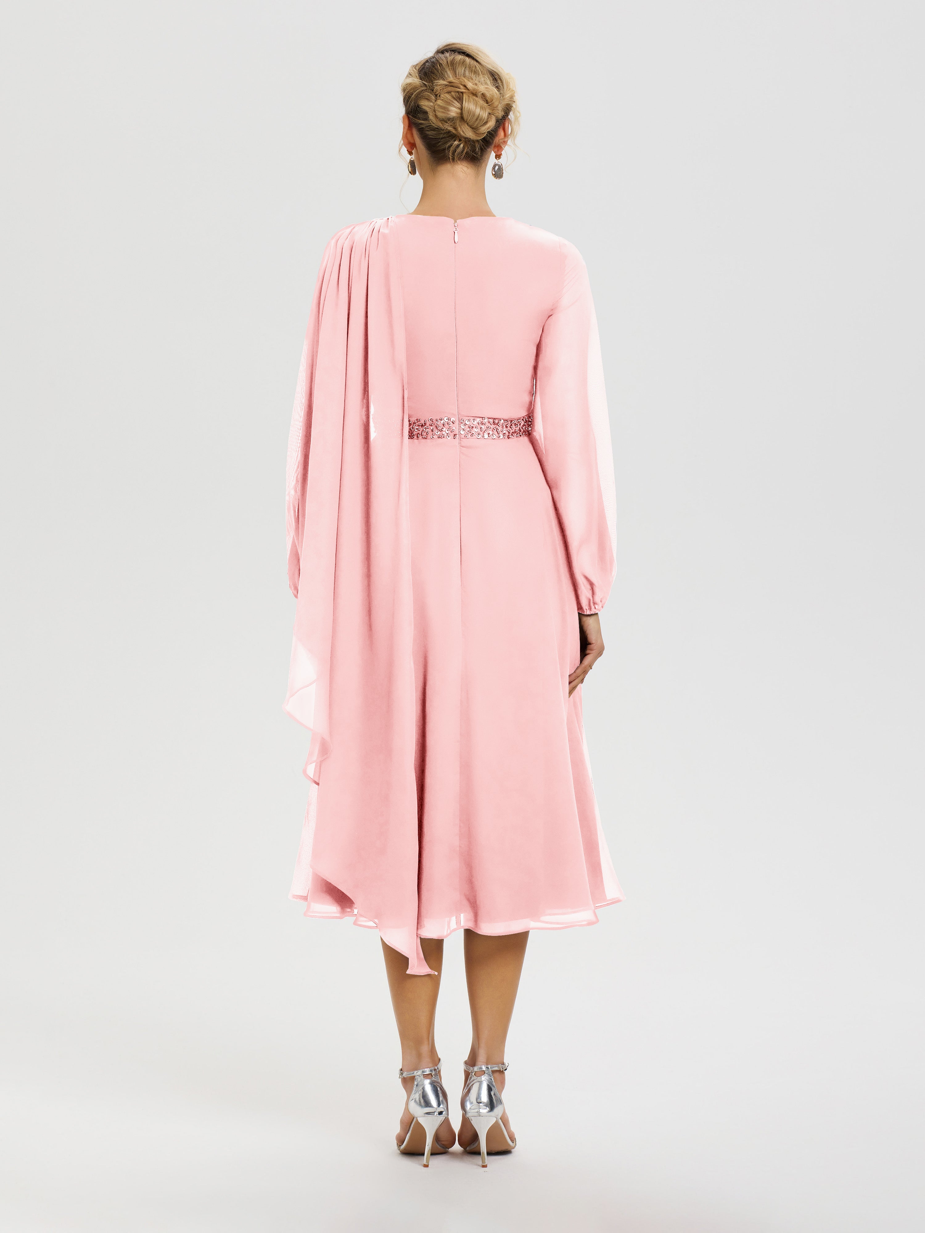 Robe Mere De La Mariee Rose Col Rond Manches Longues Mousseline Robe De Mère Du Marié
