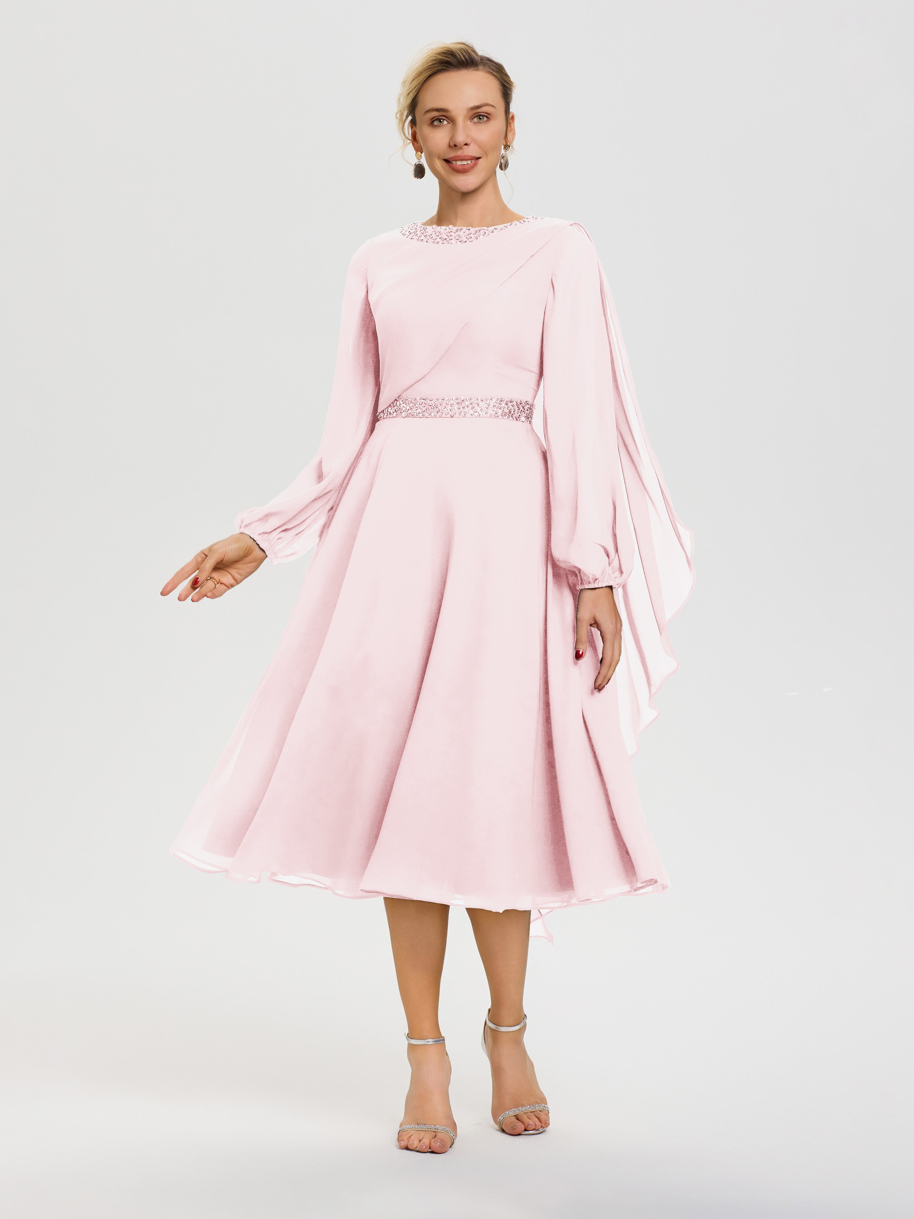 Robe De Cérémonie Mère De La Mariée Rose Pâle Col Rond Manches Longues Mousseline Robe De Mère Du Marié