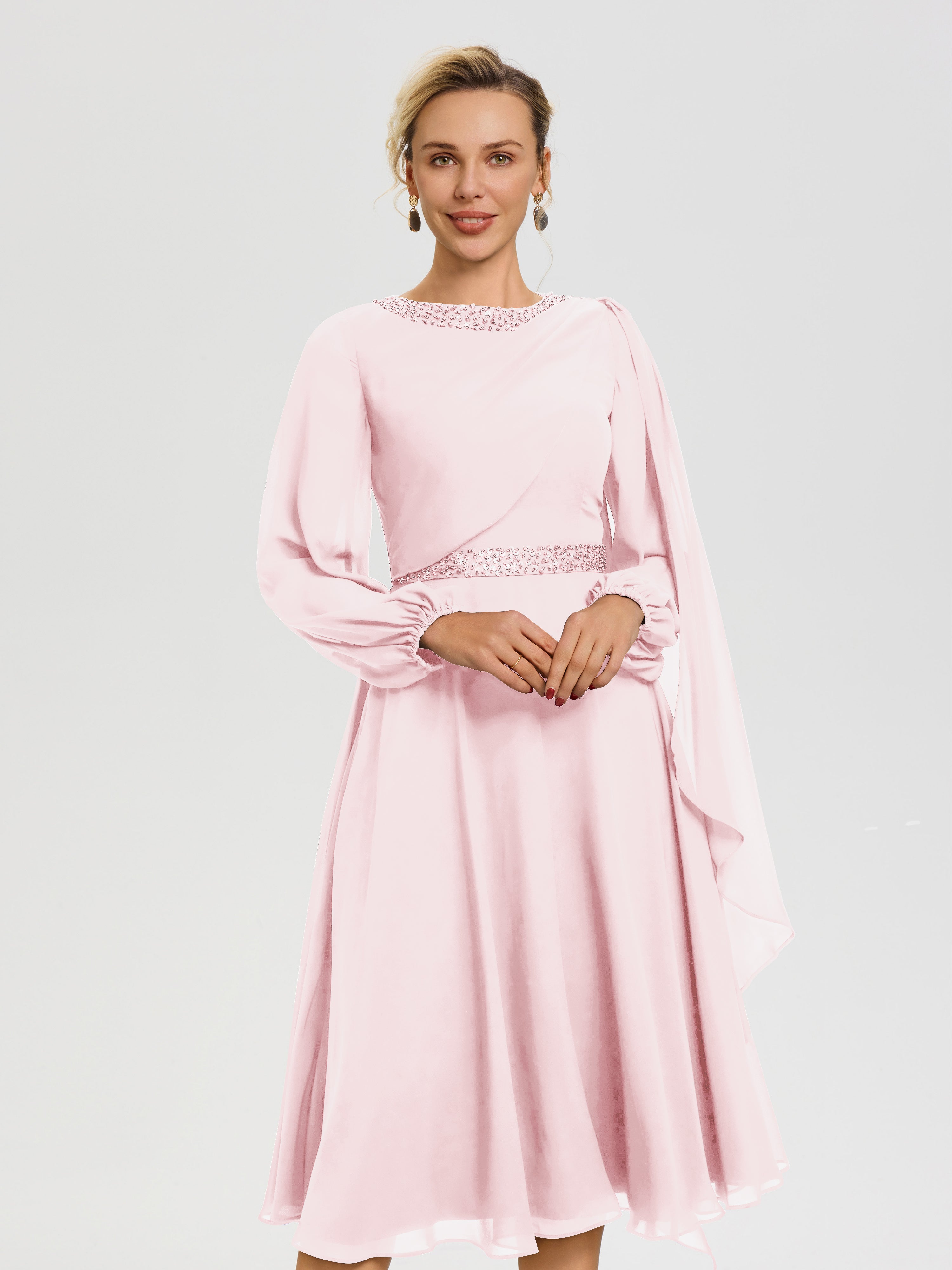 Robe De Cérémonie Mère De La Mariée Rose Pâle Col Rond Manches Longues Mousseline Robe De Mère Du Marié