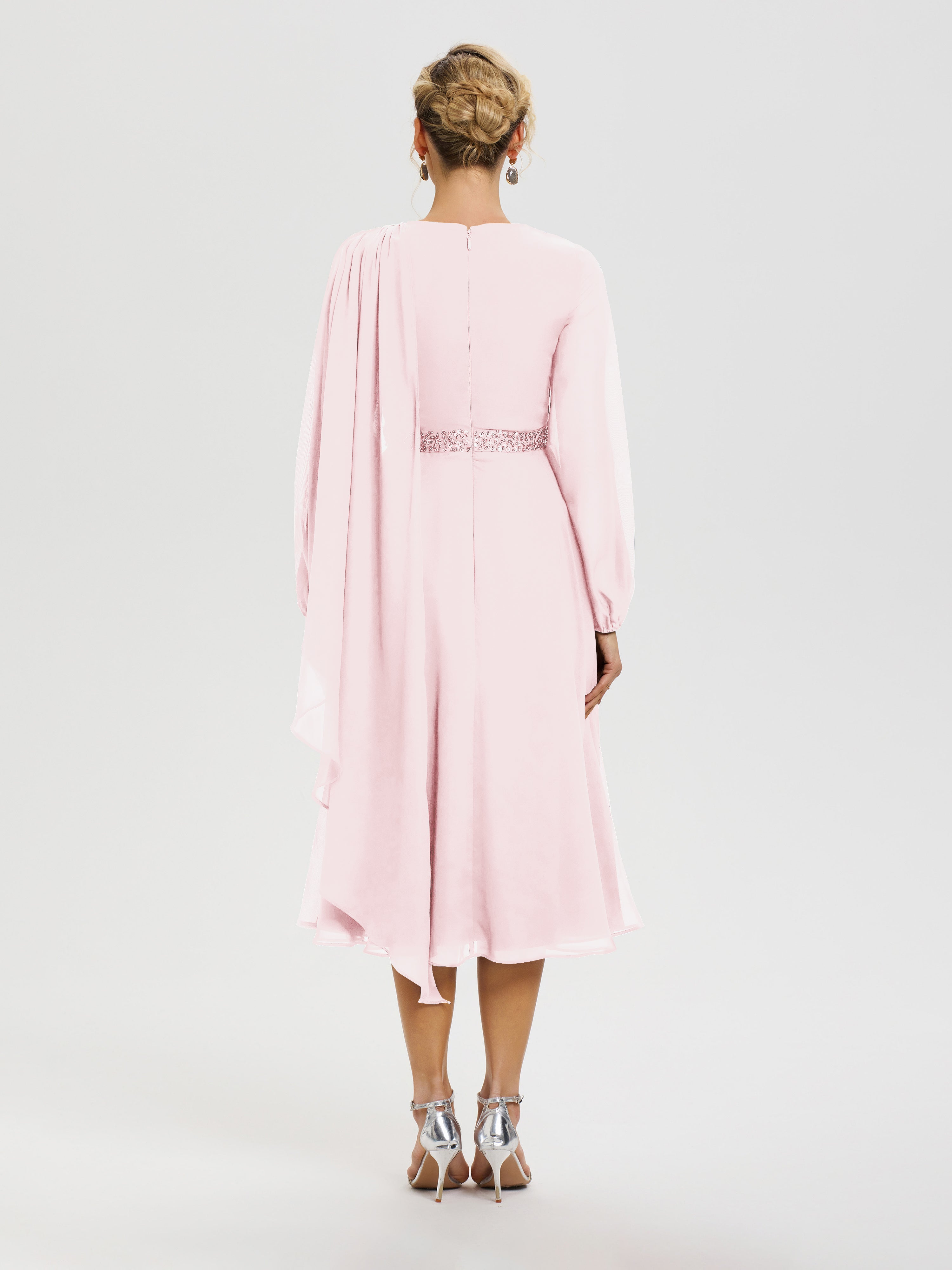 Robe De Cérémonie Mère De La Mariée Rose Pâle Col Rond Manches Longues Mousseline Robe De Mère Du Marié