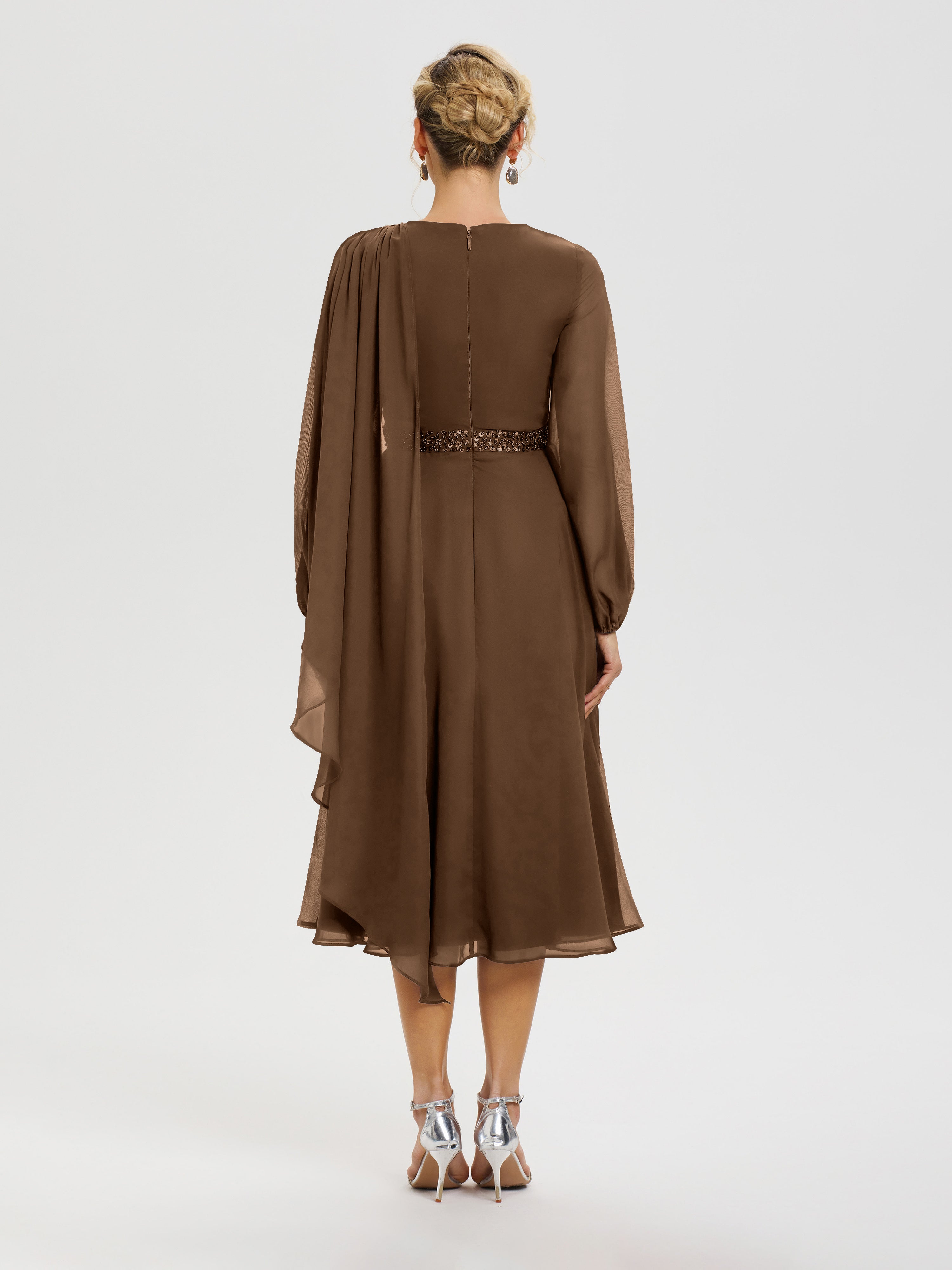 Tenue Mere Dela Mariee Brun Col Rond Manches Longues Mousseline Robe De Mère Du Marié