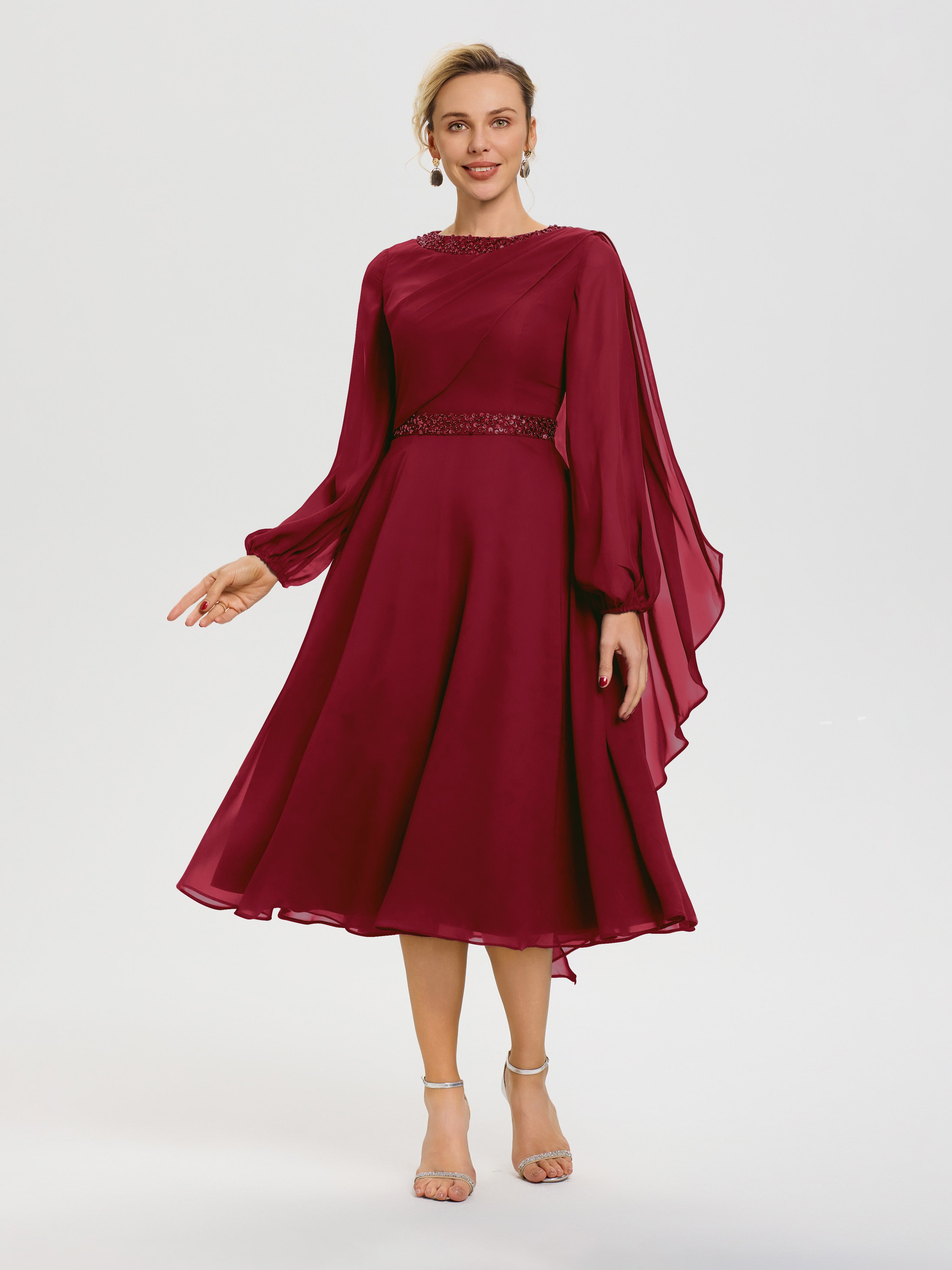 Robe Mère De La Mariée Bordeaux Col Rond Manches Longues Mousseline Robe De Mère Du Marié