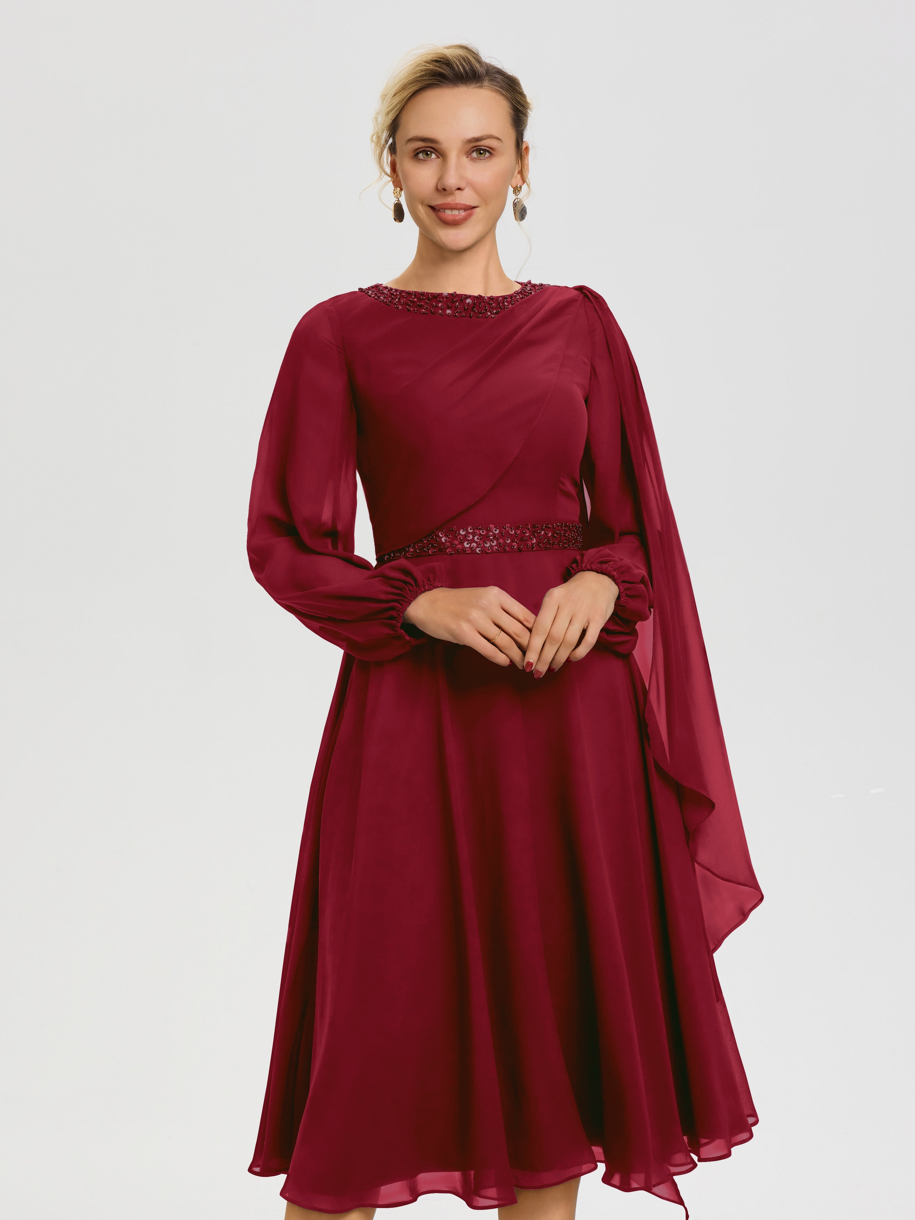 Robe Mère De La Mariée Bordeaux Col Rond Manches Longues Mousseline Robe De Mère Du Marié