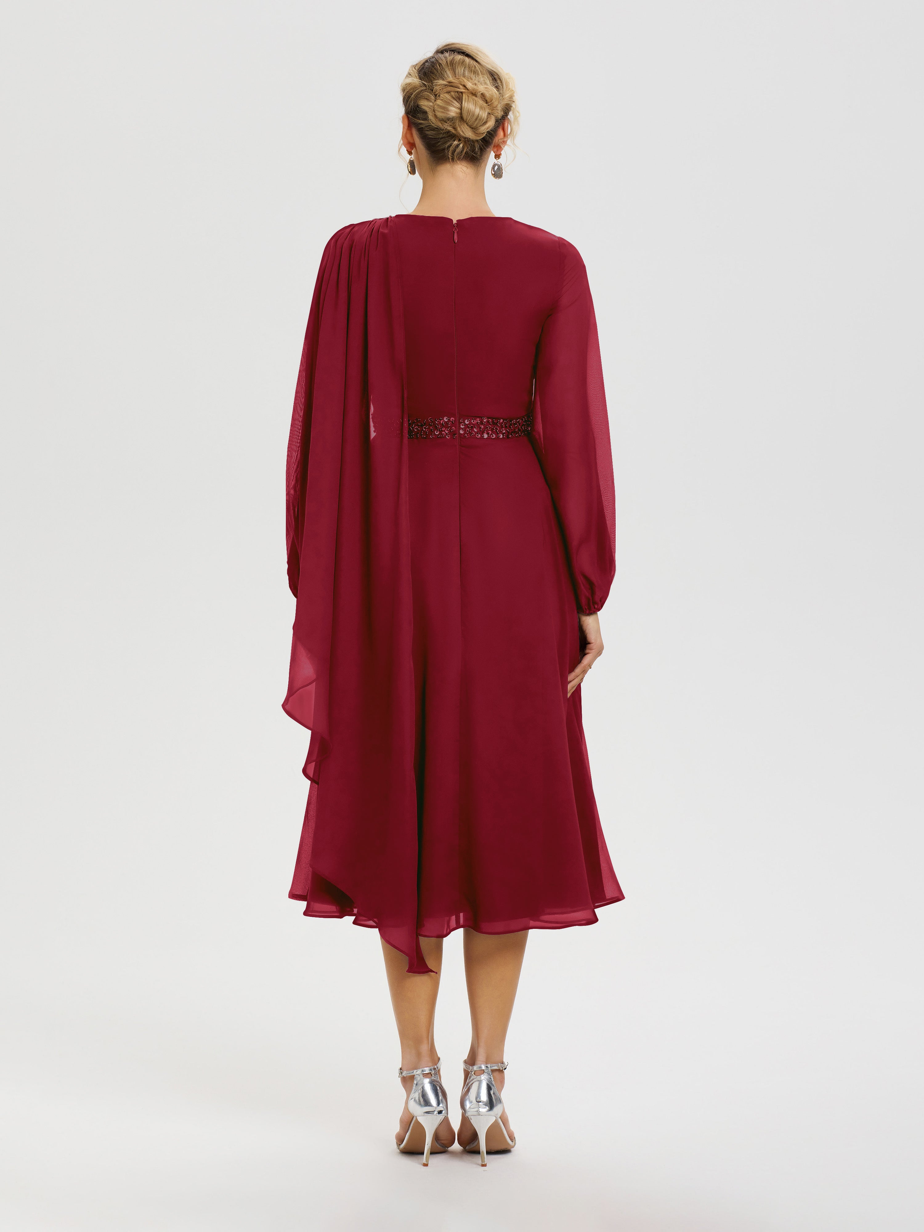 Robe Mère De La Mariée Bordeaux Col Rond Manches Longues Mousseline Robe De Mère Du Marié