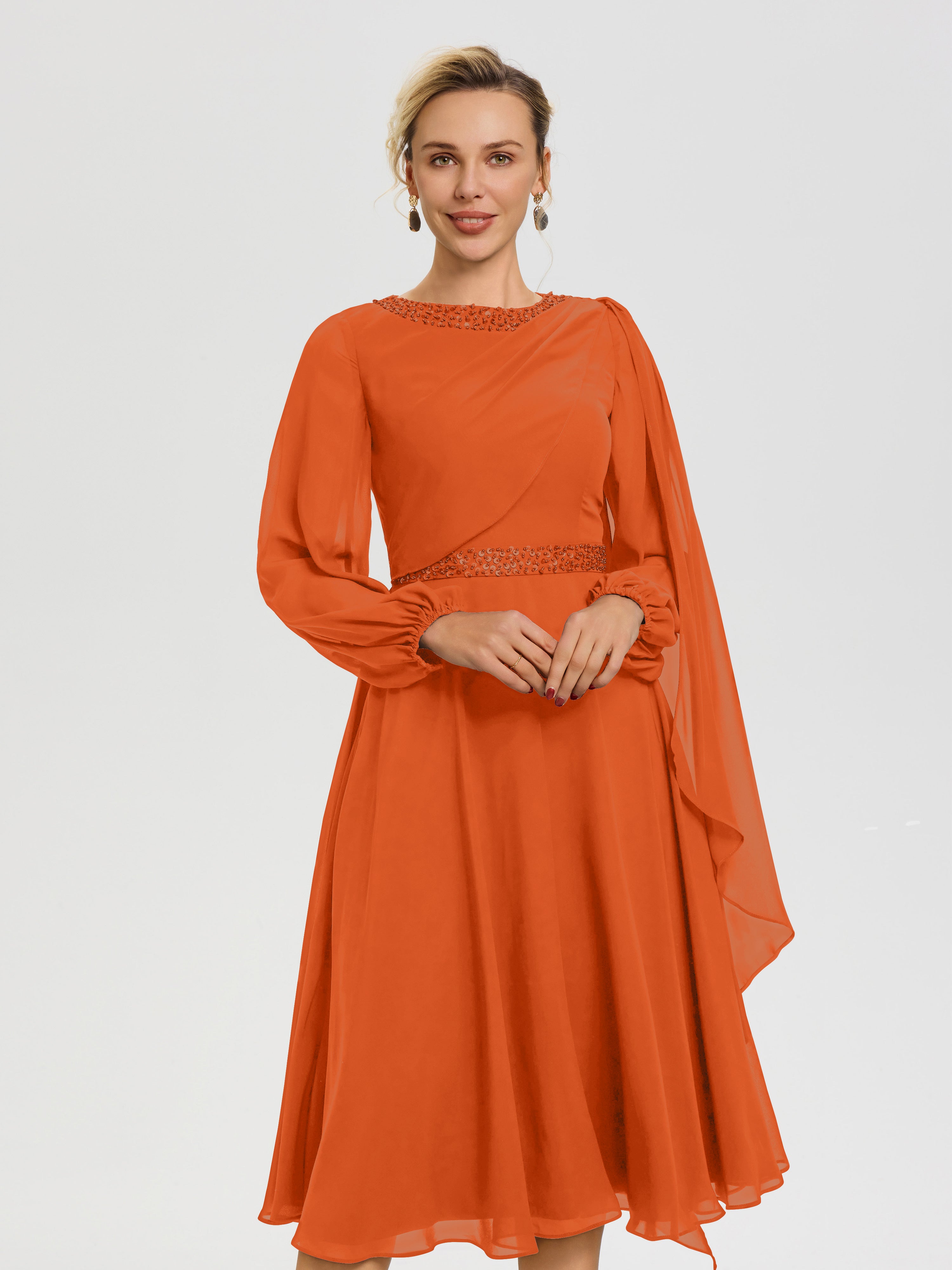 Robe De Mère Du Marié Orange Brûlé Col Rond Manches Longues Mousseline Robe De Mère Du Marié