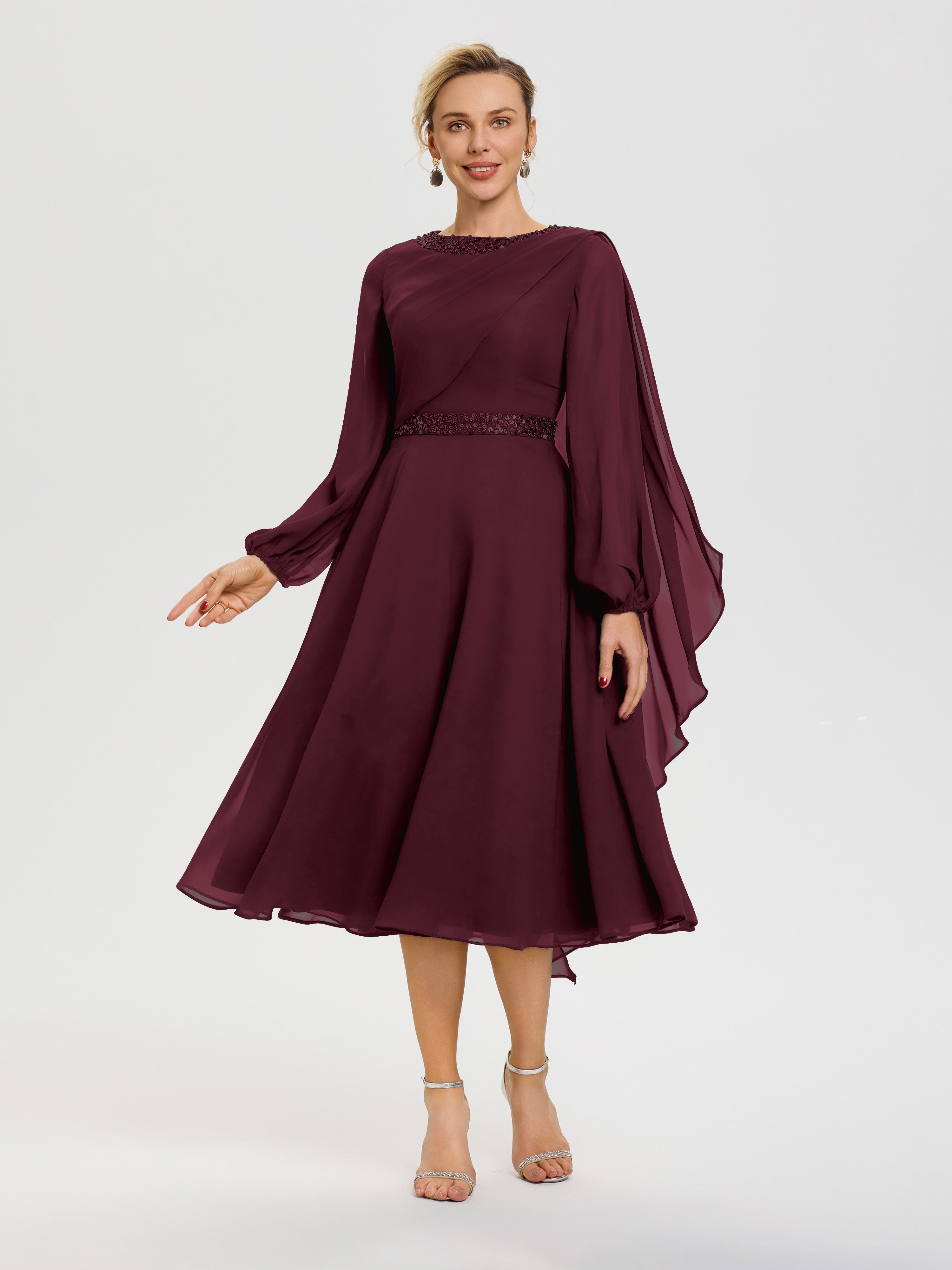Tenue Mere Dela Mariee Cabernet Col Rond Manches Longues Mousseline Robe De Mère Du Marié