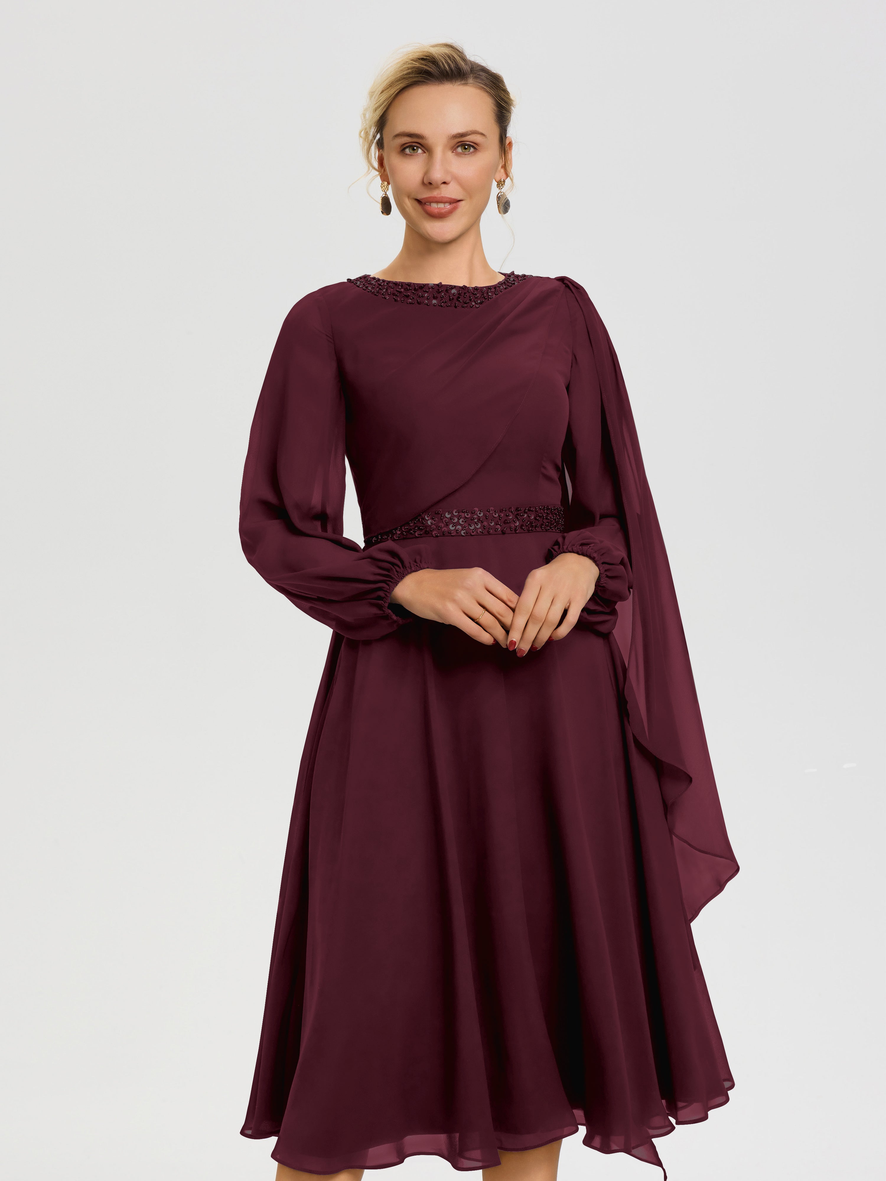 Tenue Mere Dela Mariee Cabernet Col Rond Manches Longues Mousseline Robe De Mère Du Marié