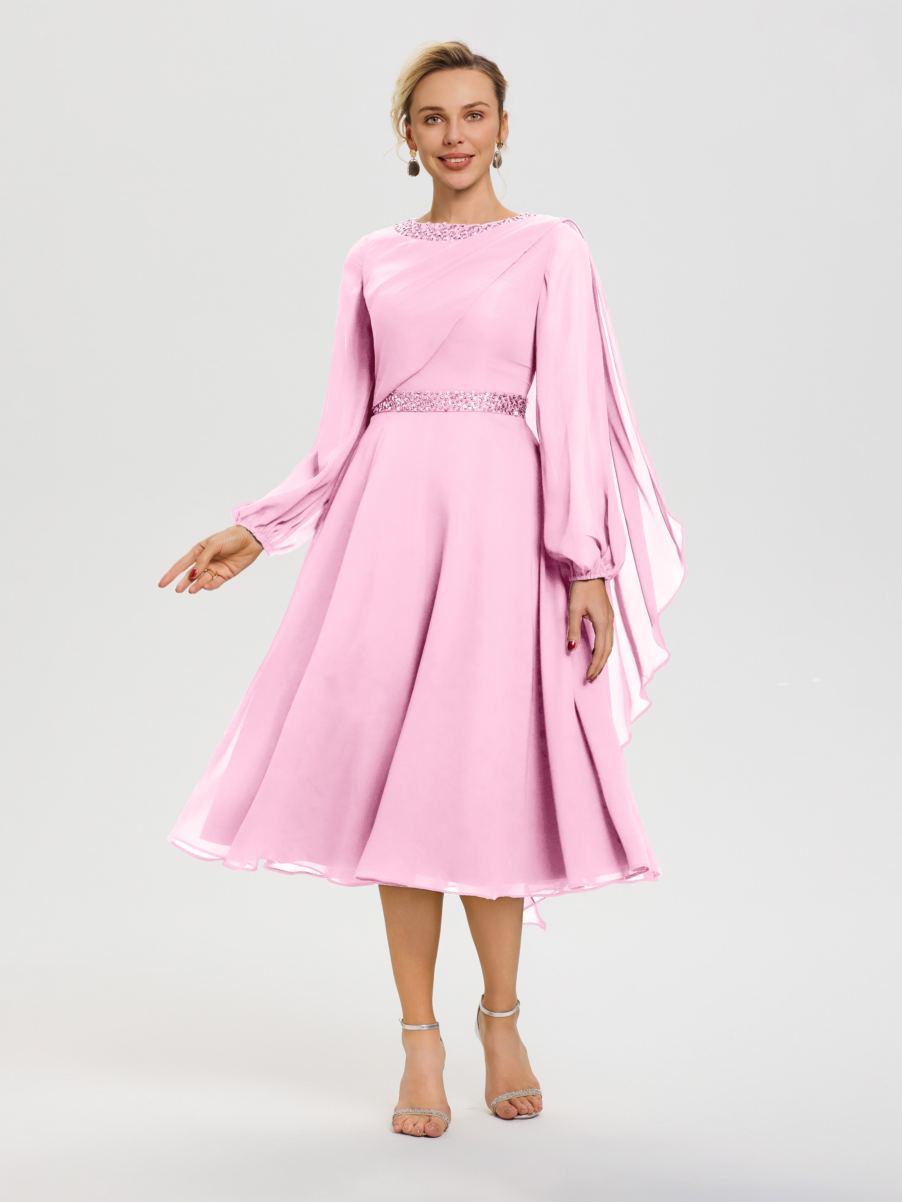 Robe De Cérémonie Mère De La Mariée Rose Bonbon Col Rond Manches Longues Mousseline Robe De Mère Du Marié