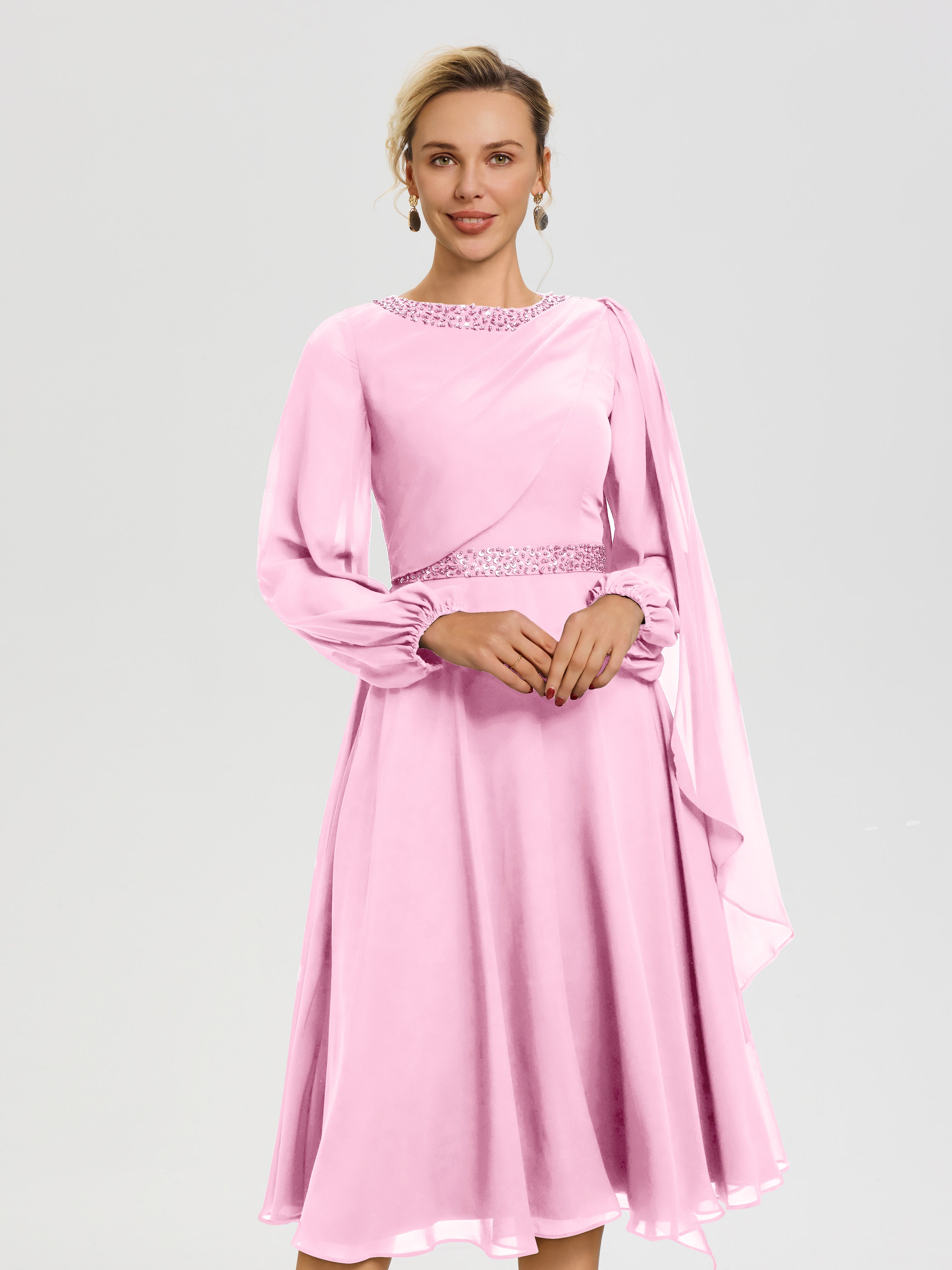 Robe De Cérémonie Mère De La Mariée Rose Bonbon Col Rond Manches Longues Mousseline Robe De Mère Du Marié
