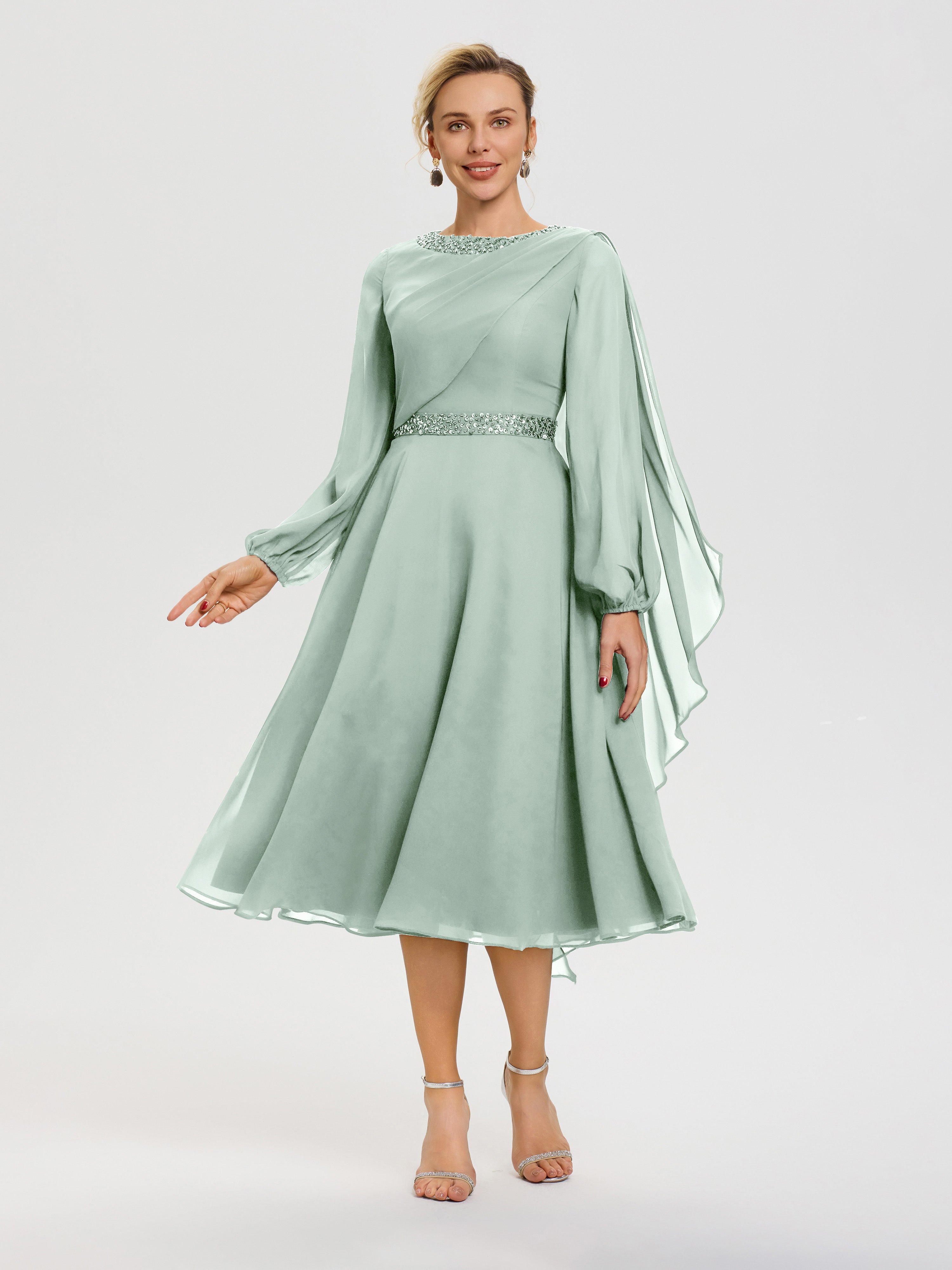 Tenue Mere Dela Mariee Celadon Col Rond Manches Longues Mousseline Robe De Mère Du Marié