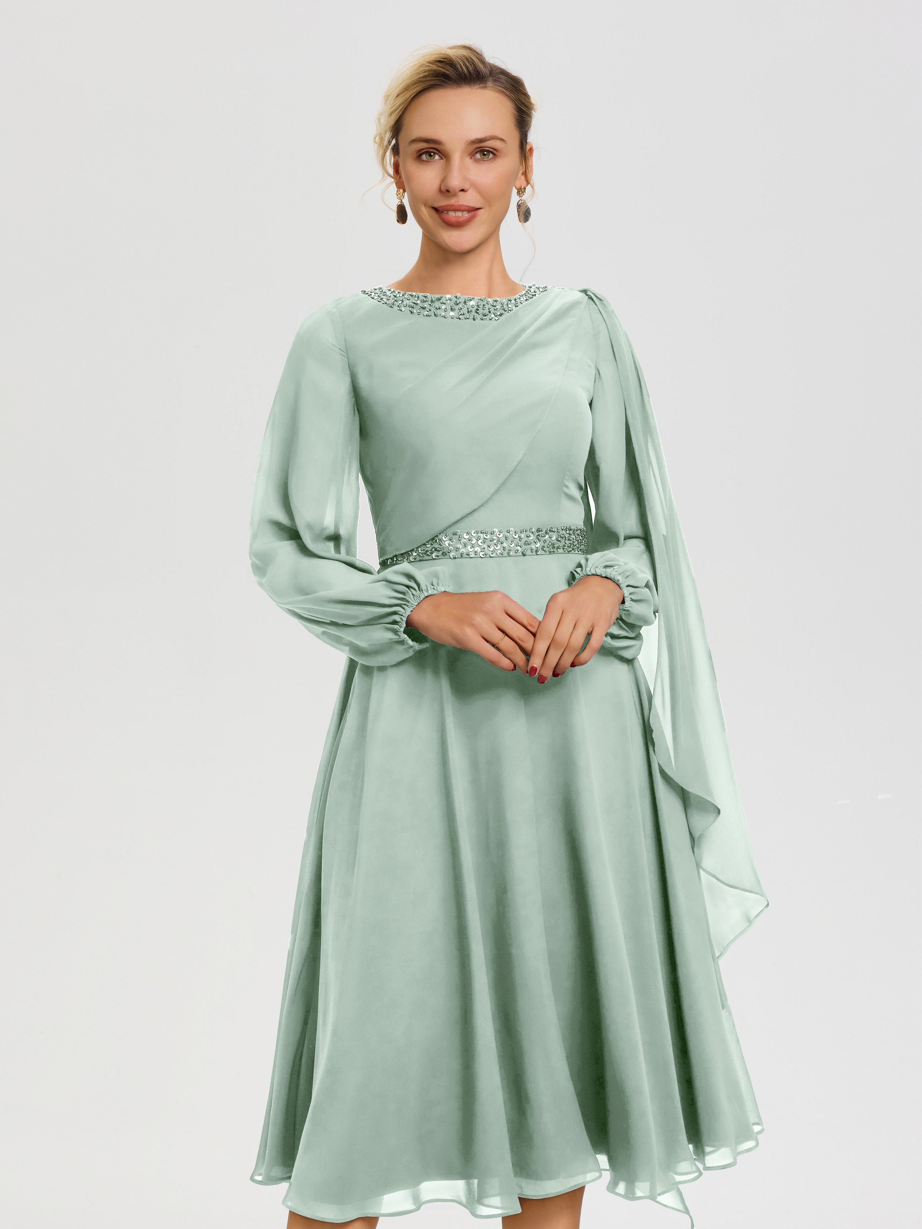 Tenue Mere Dela Mariee Celadon Col Rond Manches Longues Mousseline Robe De Mère Du Marié