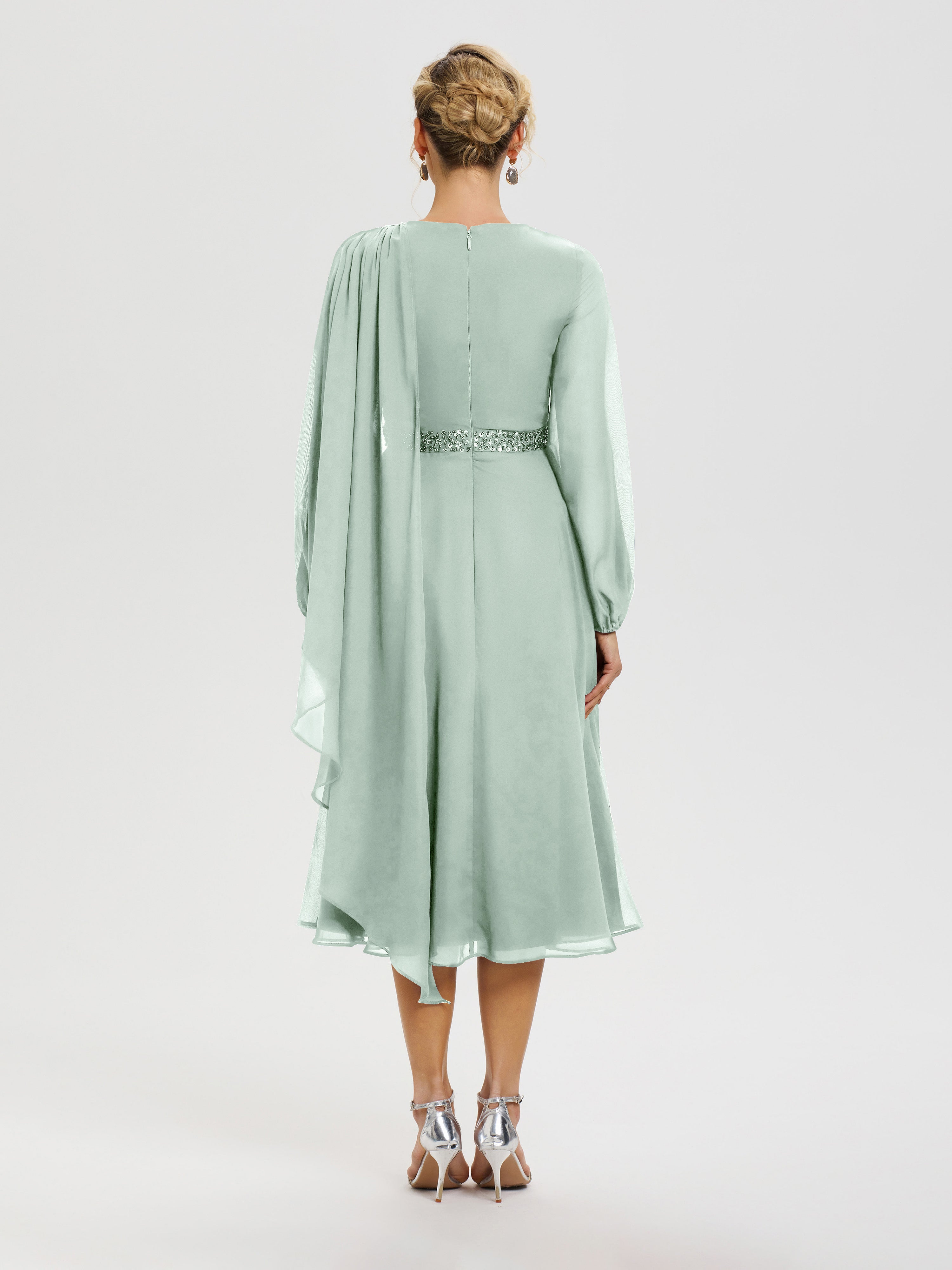 Tenue Mere Dela Mariee Celadon Col Rond Manches Longues Mousseline Robe De Mère Du Marié