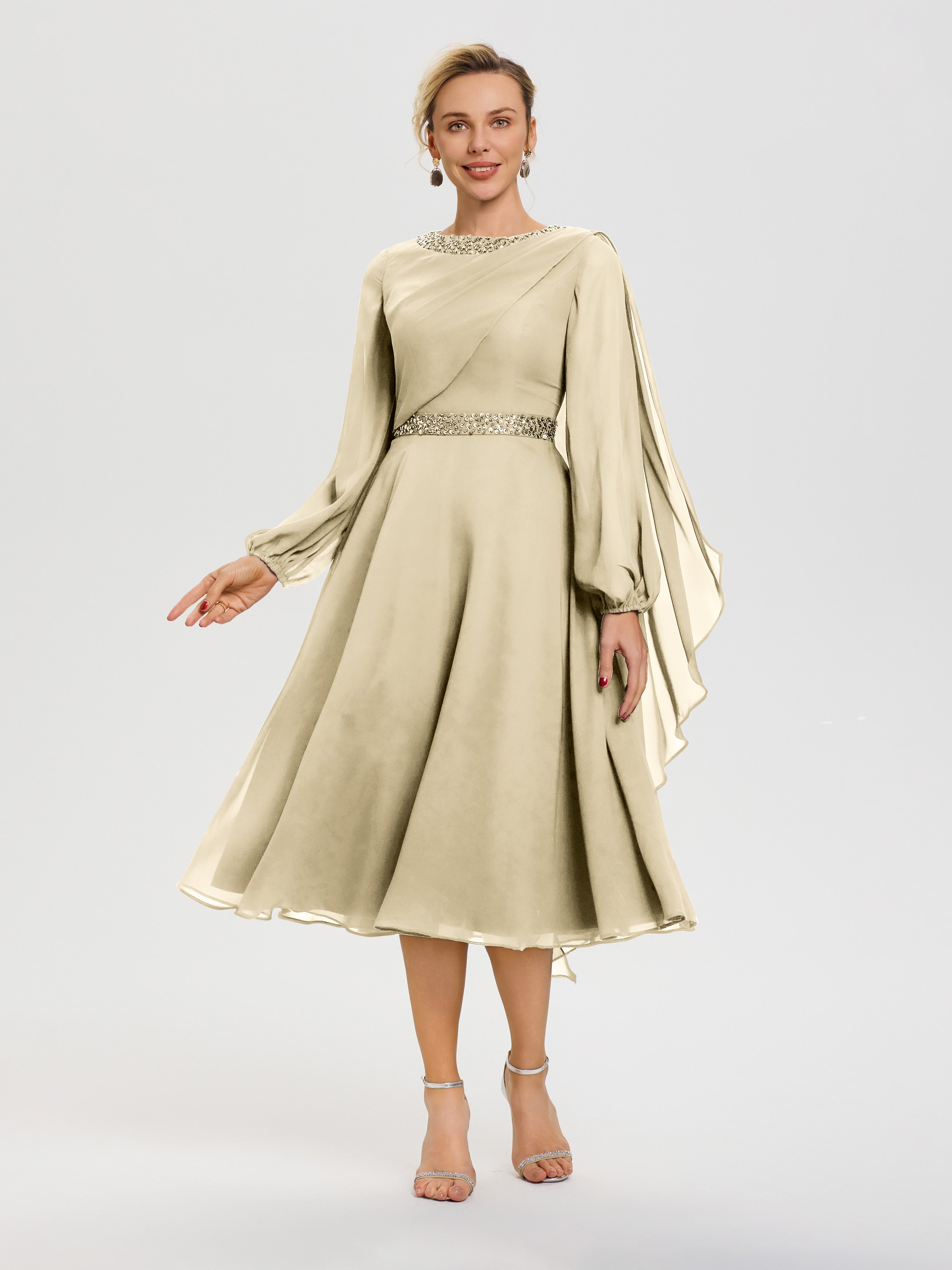Robe Mere De La Mariee Champagne Col Rond Manches Longues Mousseline Robe De Mère Du Marié