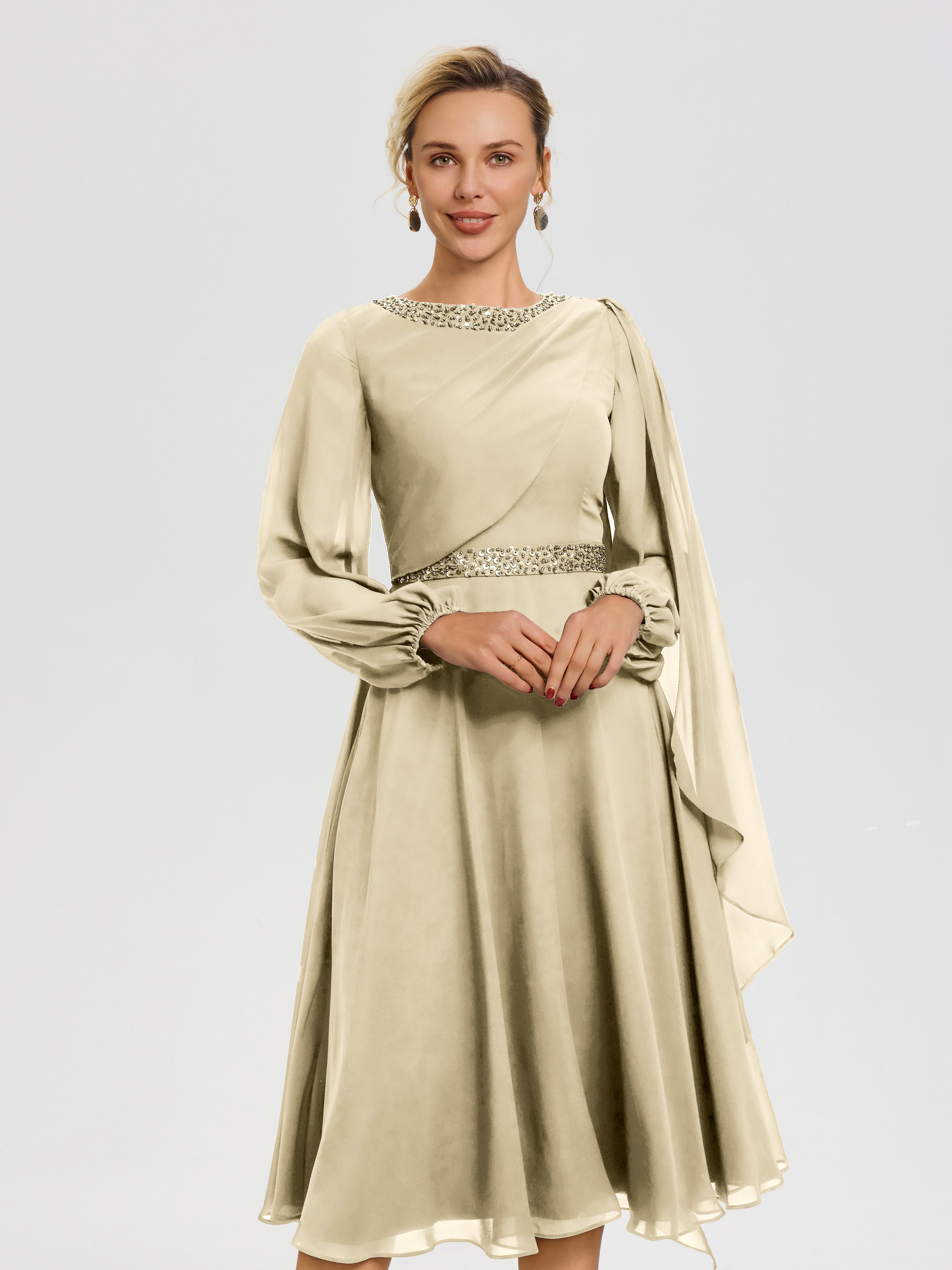 Robe Mere De La Mariee Champagne Col Rond Manches Longues Mousseline Robe De Mère Du Marié