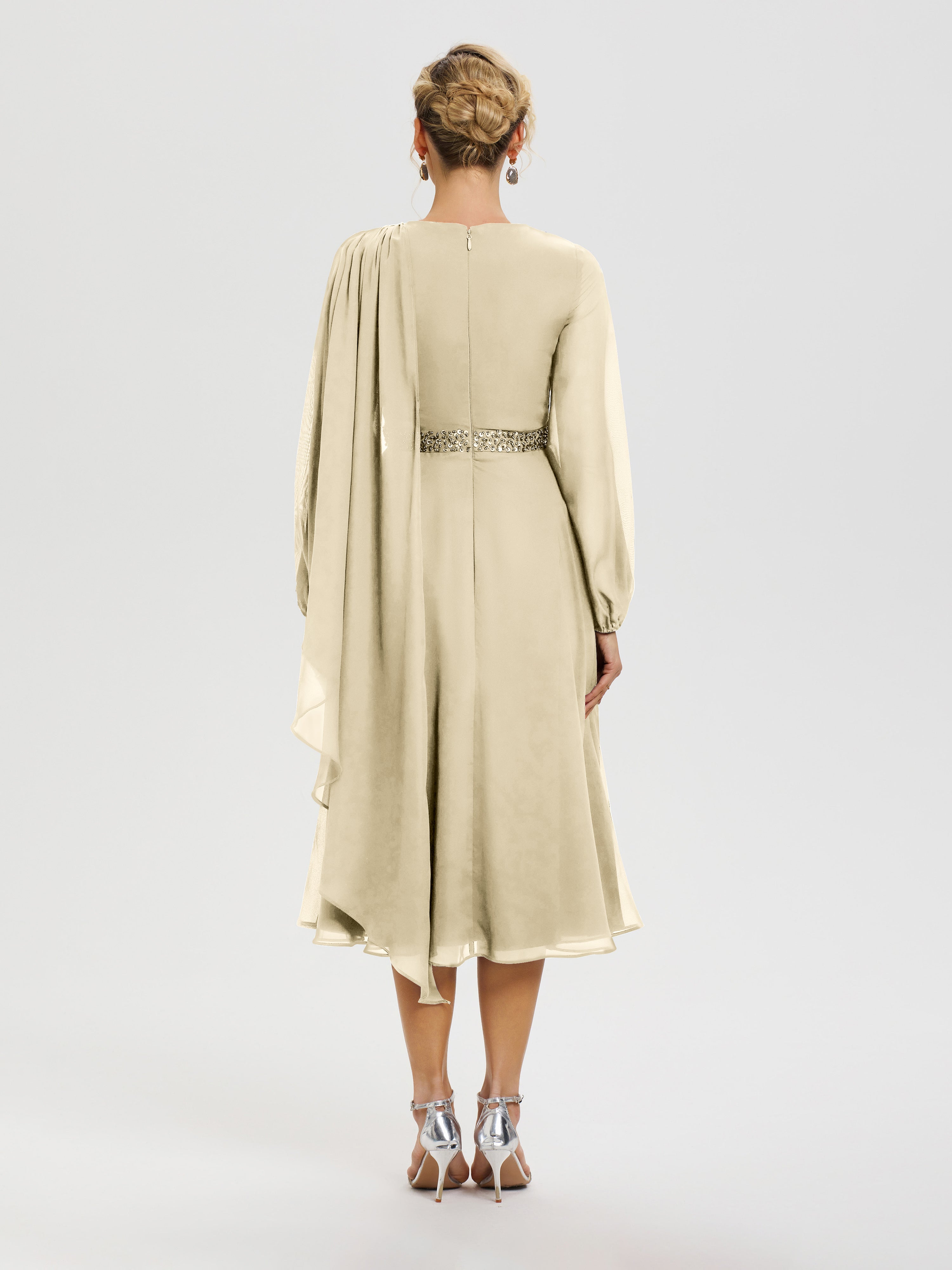 Robe Mere De La Mariee Champagne Col Rond Manches Longues Mousseline Robe De Mère Du Marié