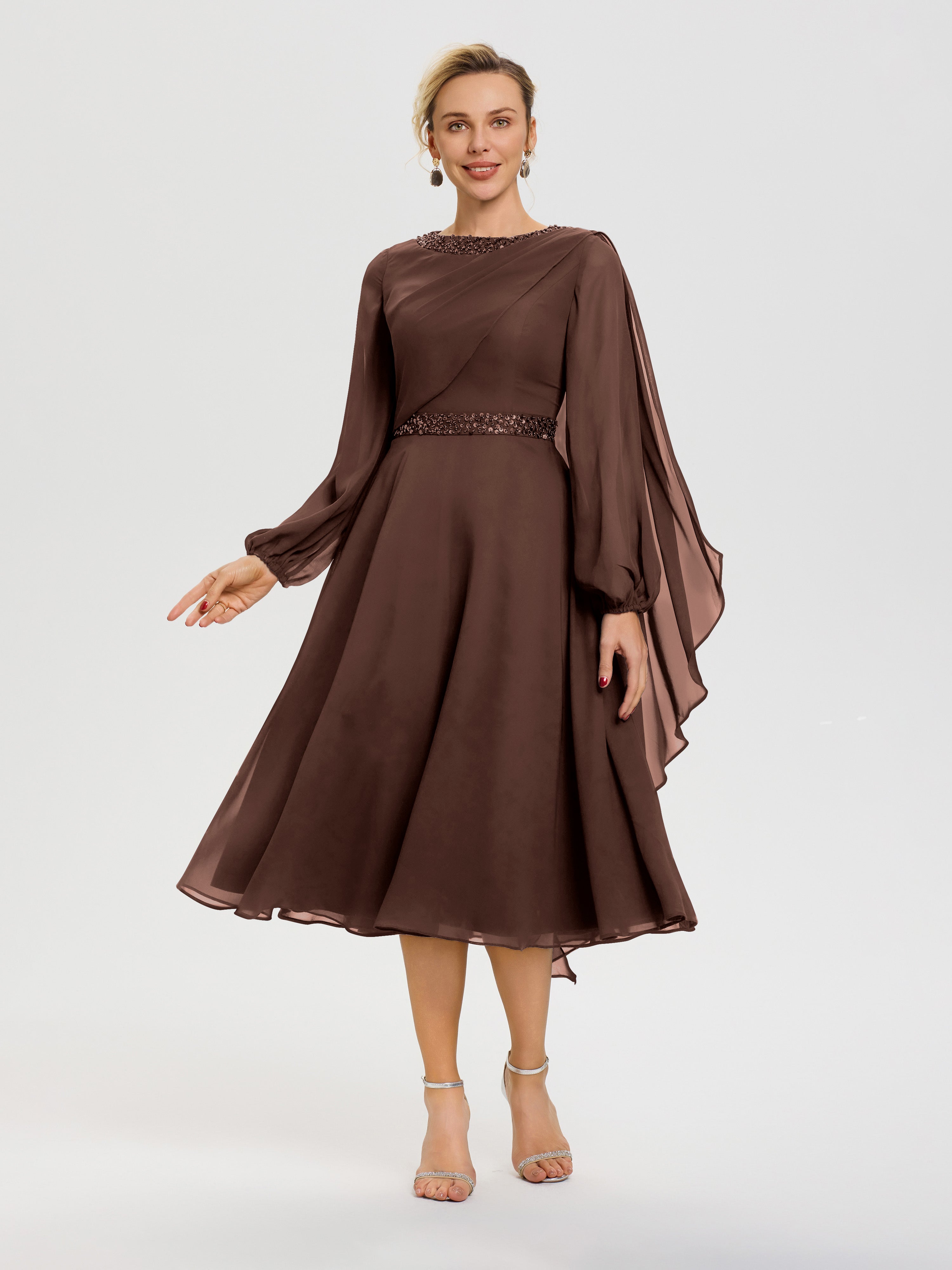 Robe Mère Du Marié Chocolat Col Rond Manches Longues Mousseline Robe De Mère Du Marié