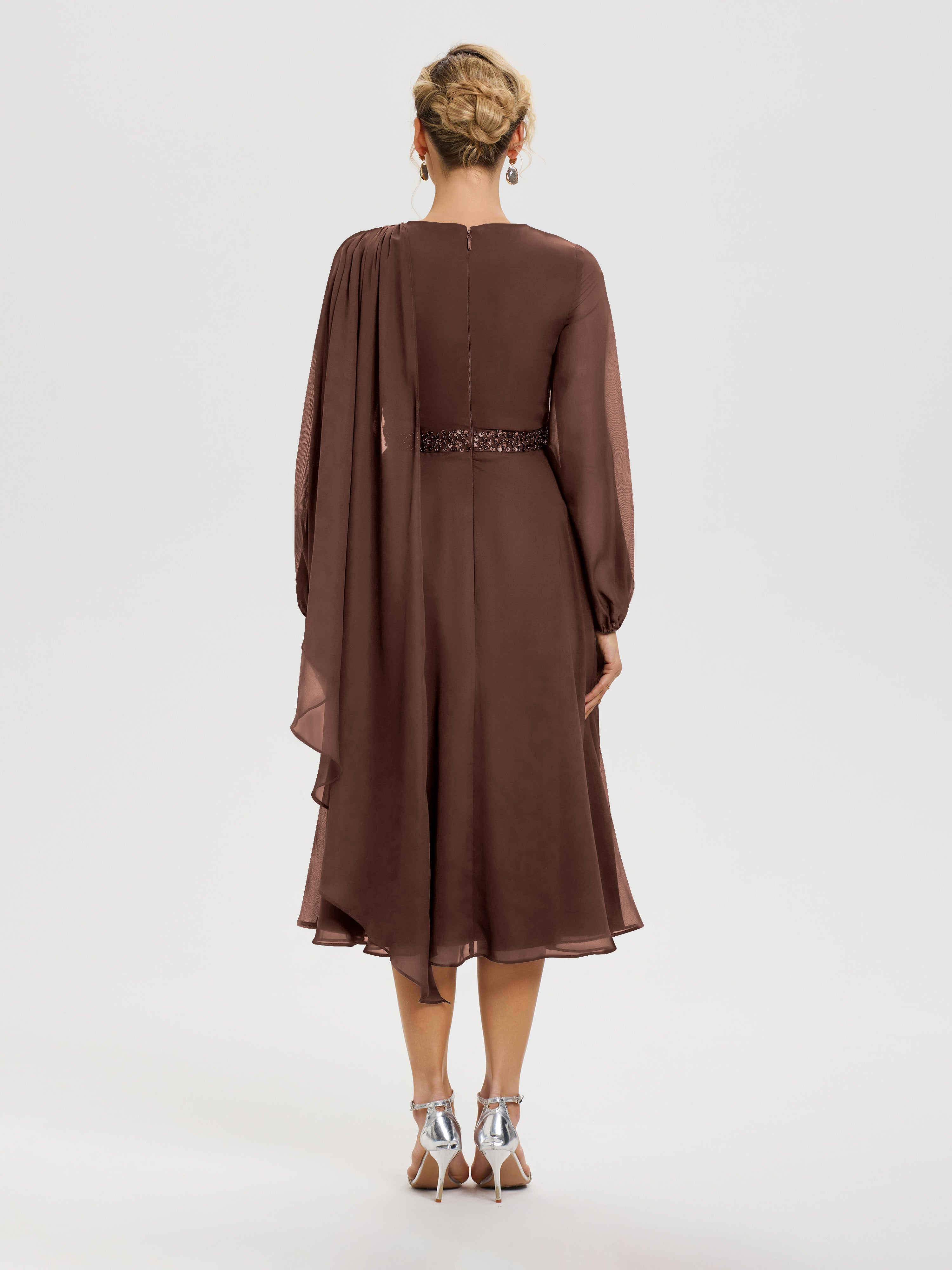 Robe Mère Du Marié Chocolat Col Rond Manches Longues Mousseline Robe De Mère Du Marié