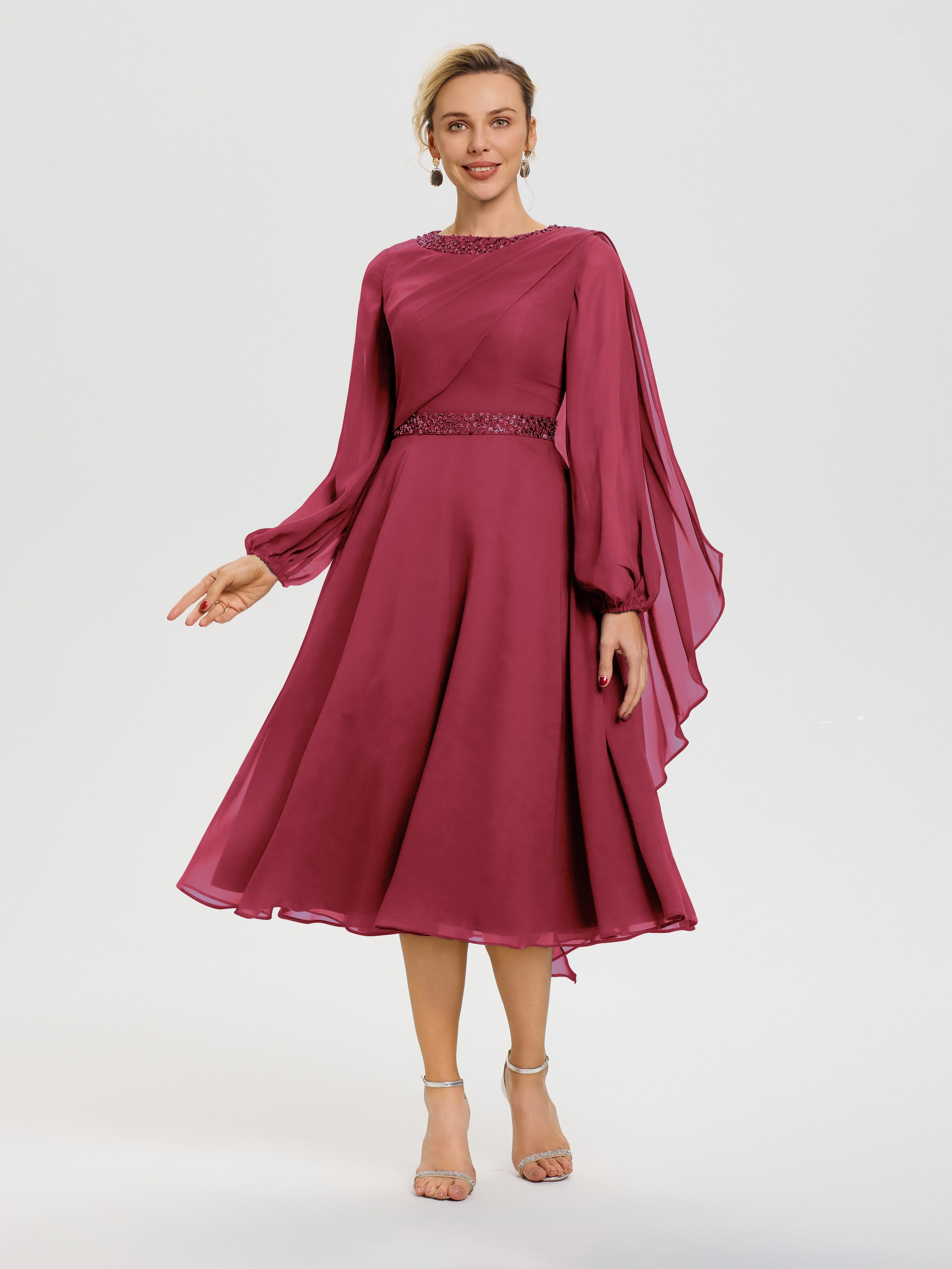 Robe Mariage Mère Du Marié Rose Cannelle Col Rond Manches Longues Mousseline Robe De Mère Du Marié