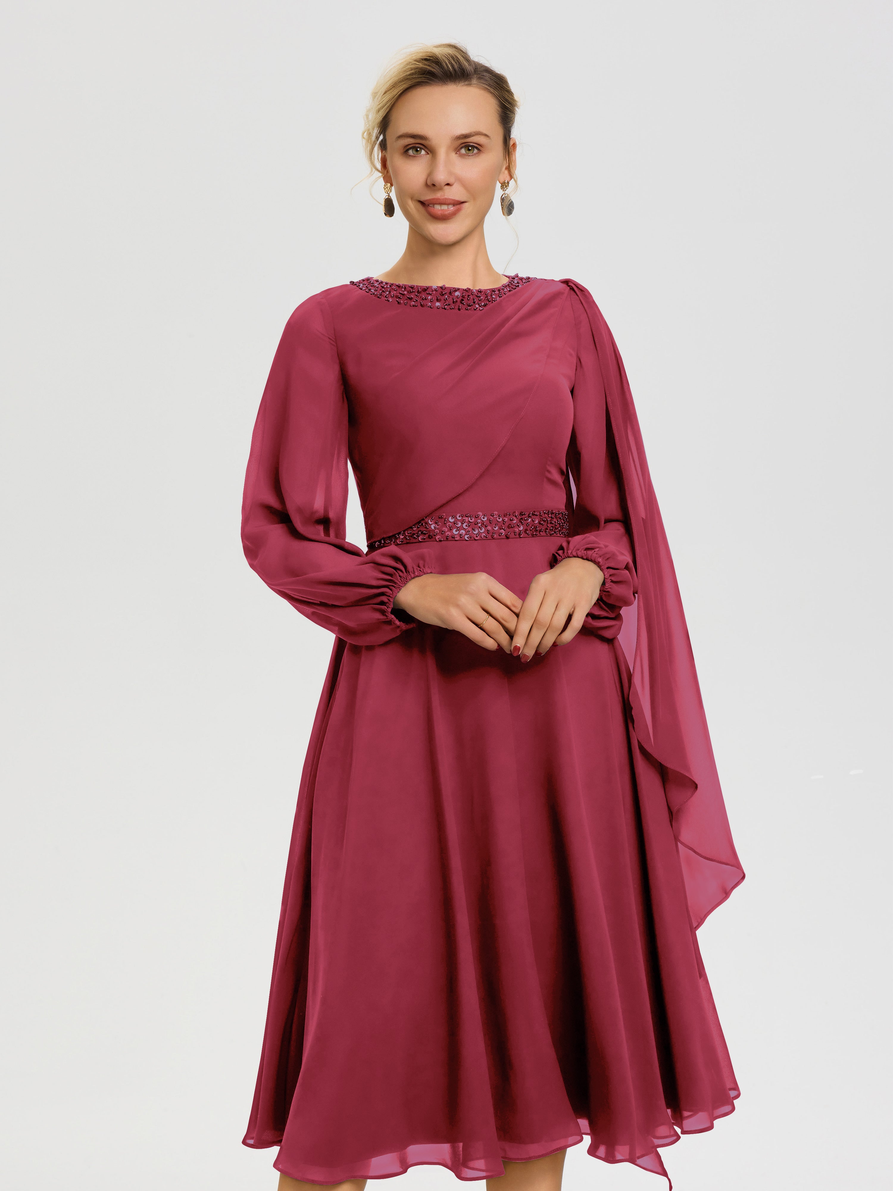 Robe Mariage Mère Du Marié Rose Cannelle Col Rond Manches Longues Mousseline Robe De Mère Du Marié