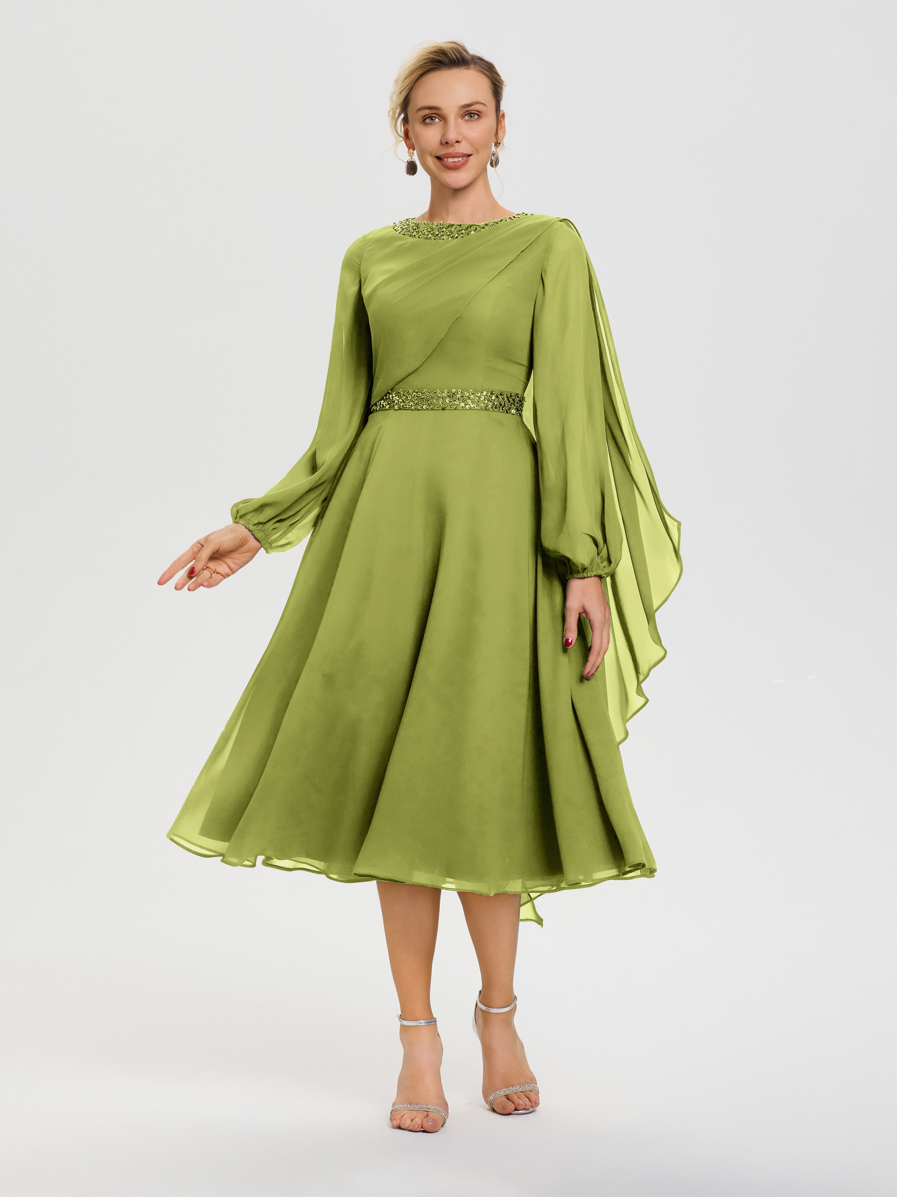 Robe Mère De La Mariée Chic Trèfle Col Rond Manches Longues Mousseline Robe De Mère Du Marié