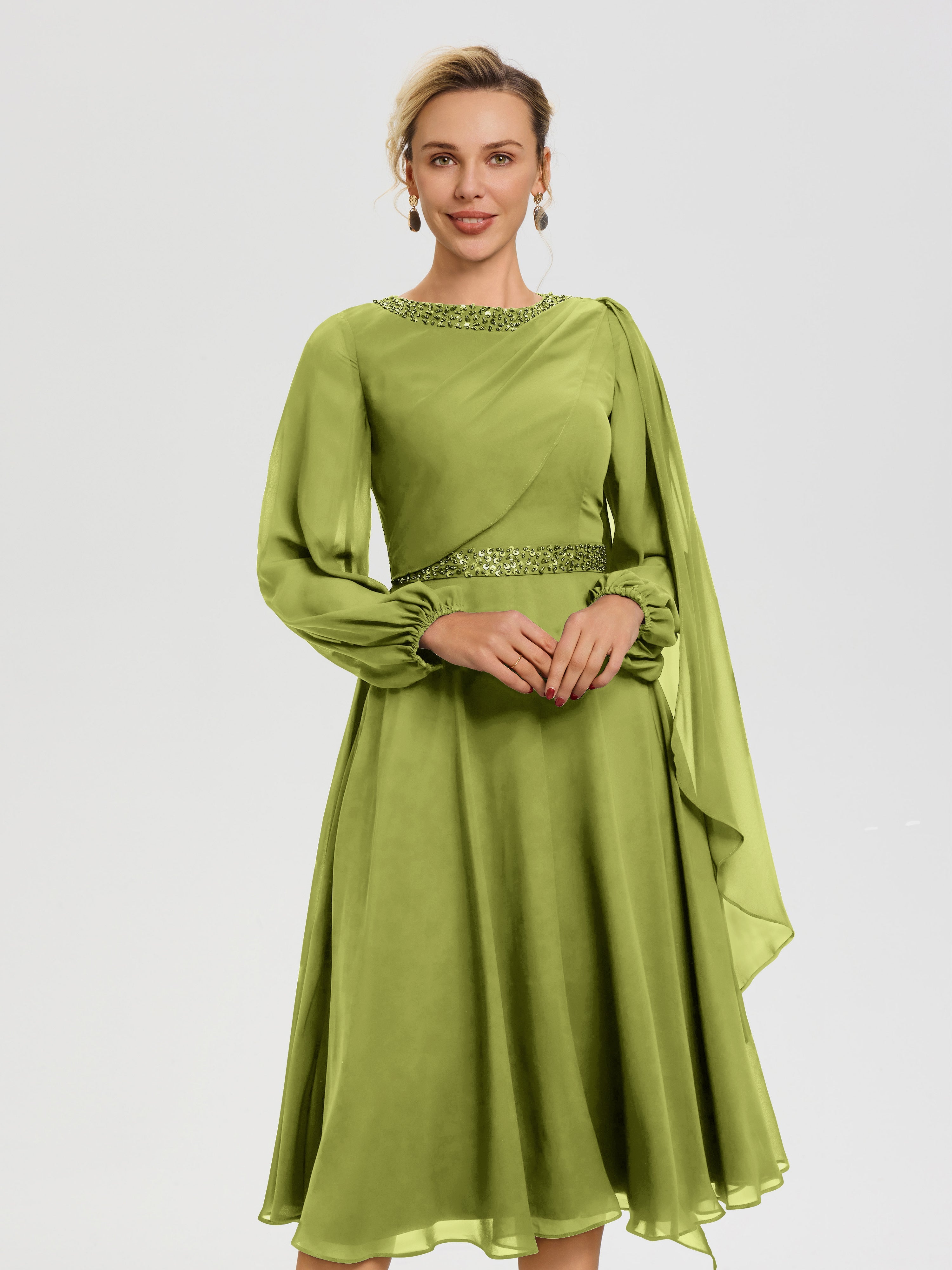 Robe Mère De La Mariée Chic Trèfle Col Rond Manches Longues Mousseline Robe De Mère Du Marié