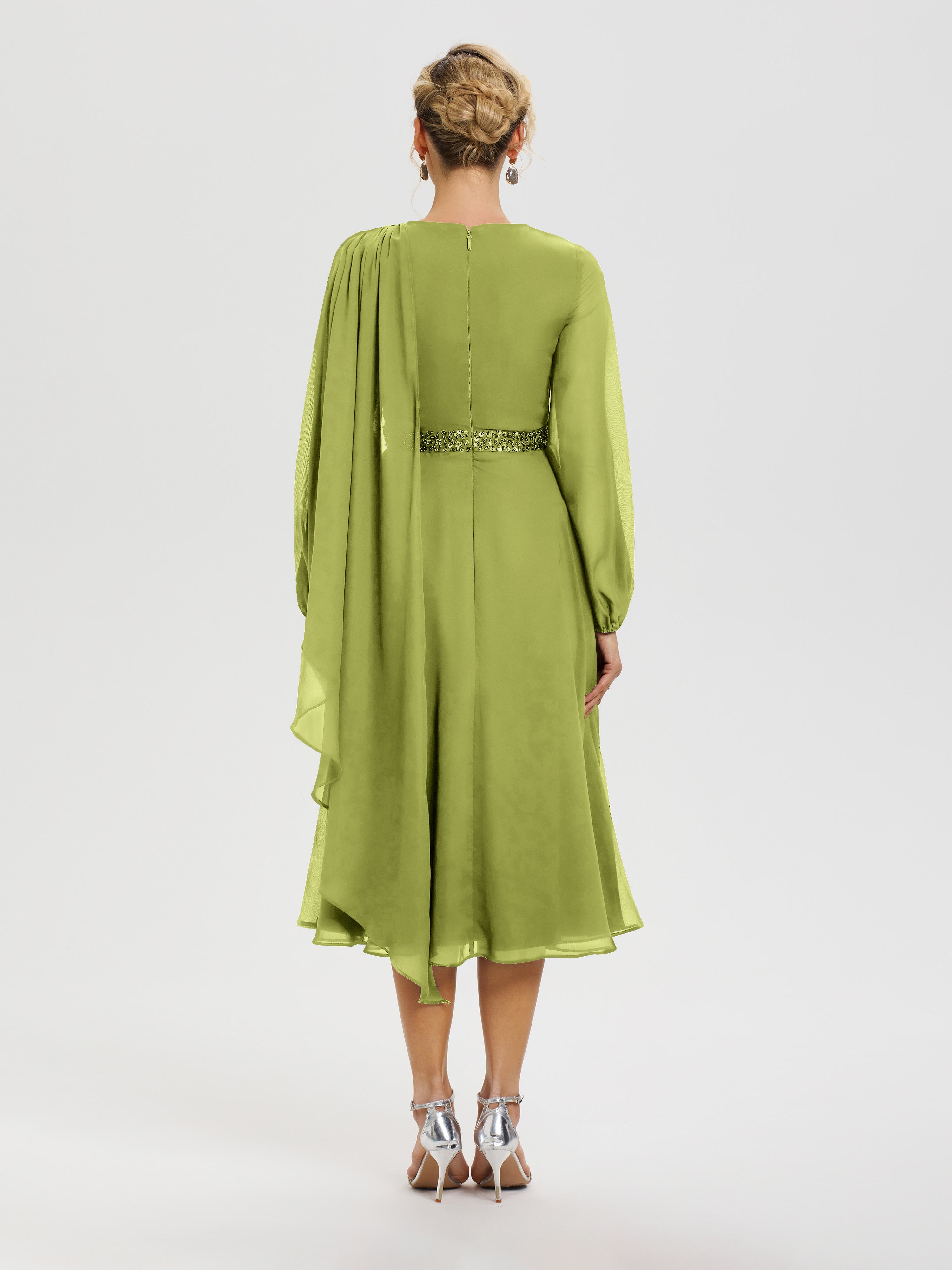 Robe Mère De La Mariée Chic Trèfle Col Rond Manches Longues Mousseline Robe De Mère Du Marié