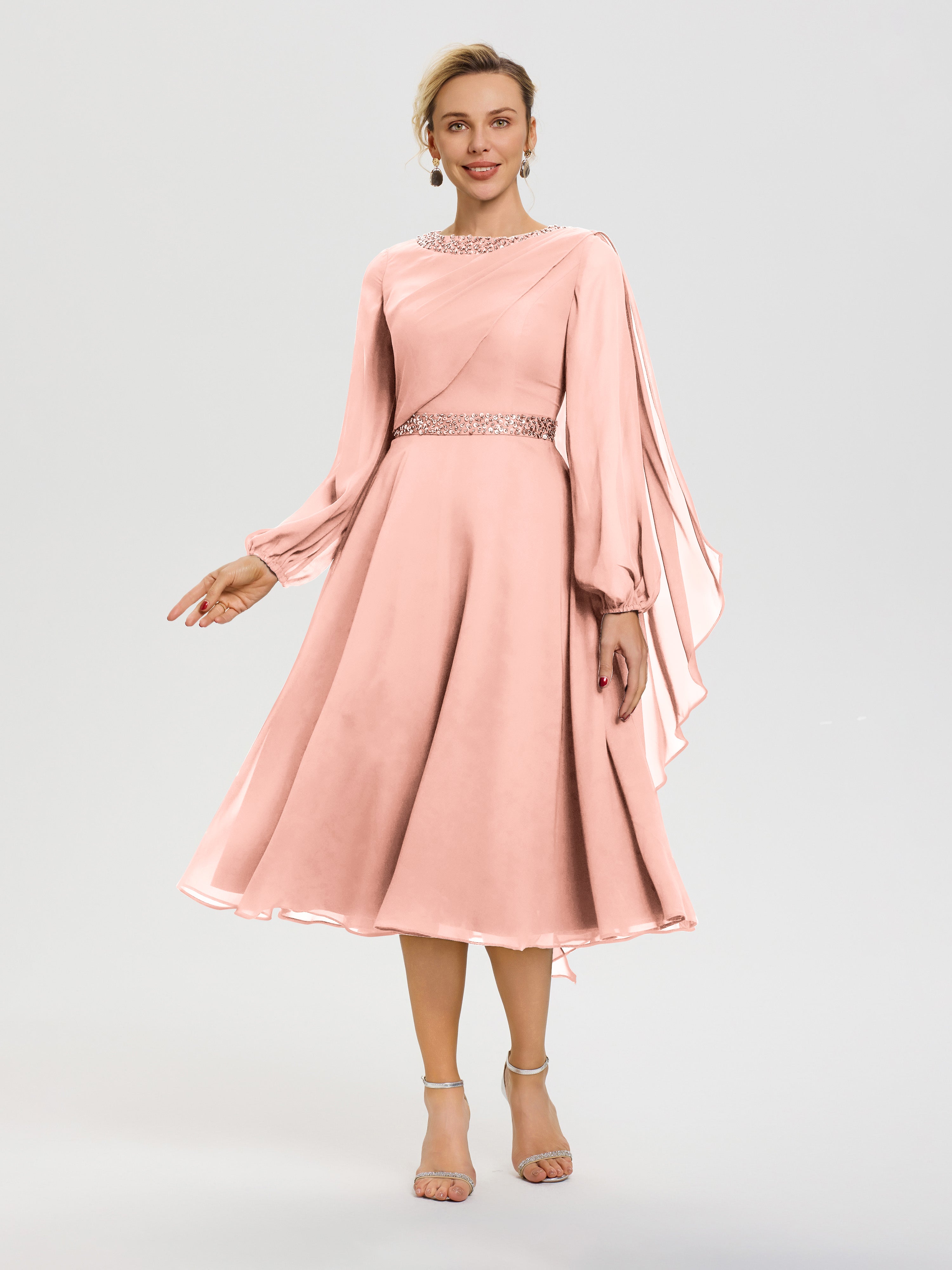 Cicinia Robe Mère De La Mariée Corail Col Rond Manches Longues Mousseline Robe De Mère Du Marié