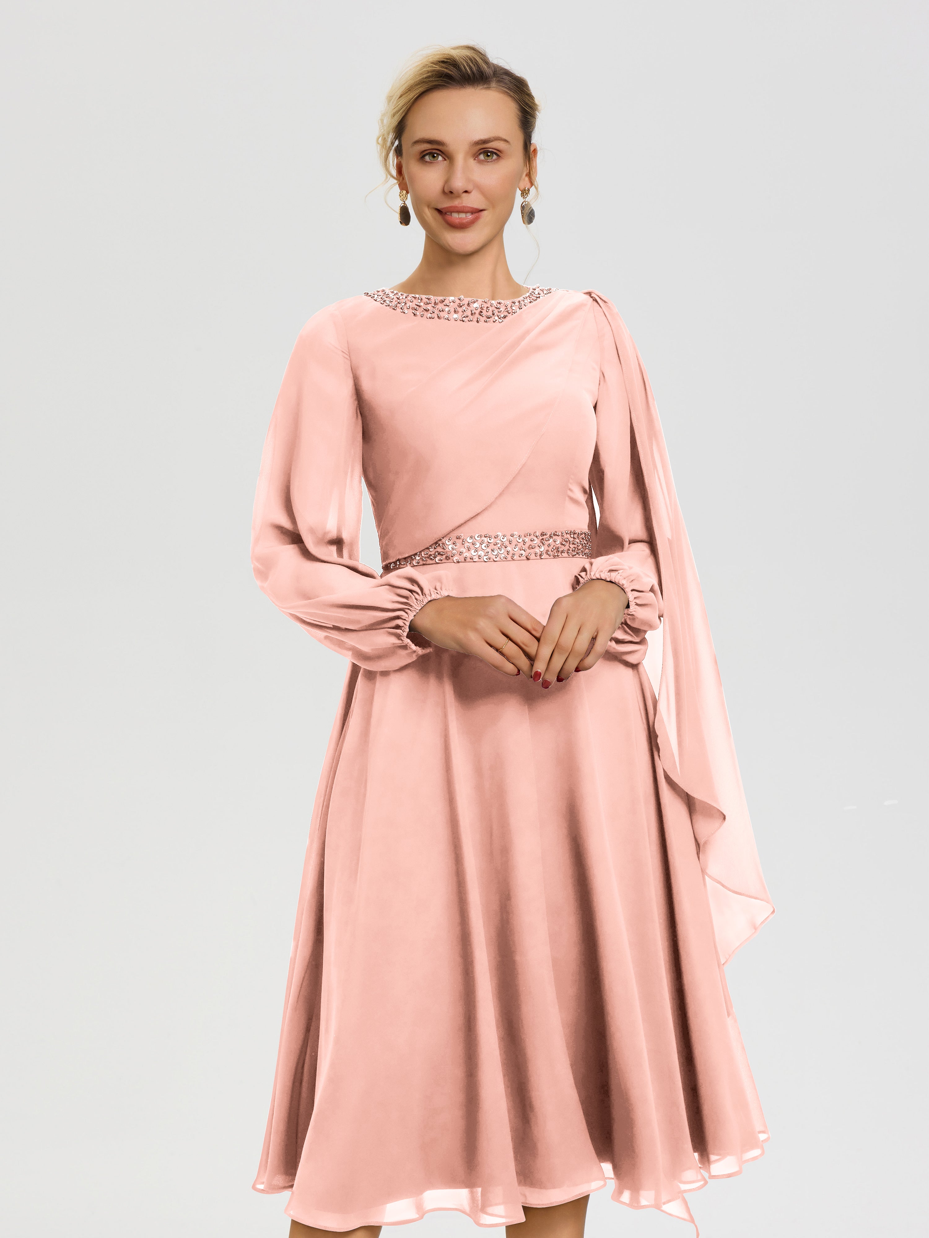 Cicinia Robe Mère De La Mariée Corail Col Rond Manches Longues Mousseline Robe De Mère Du Marié