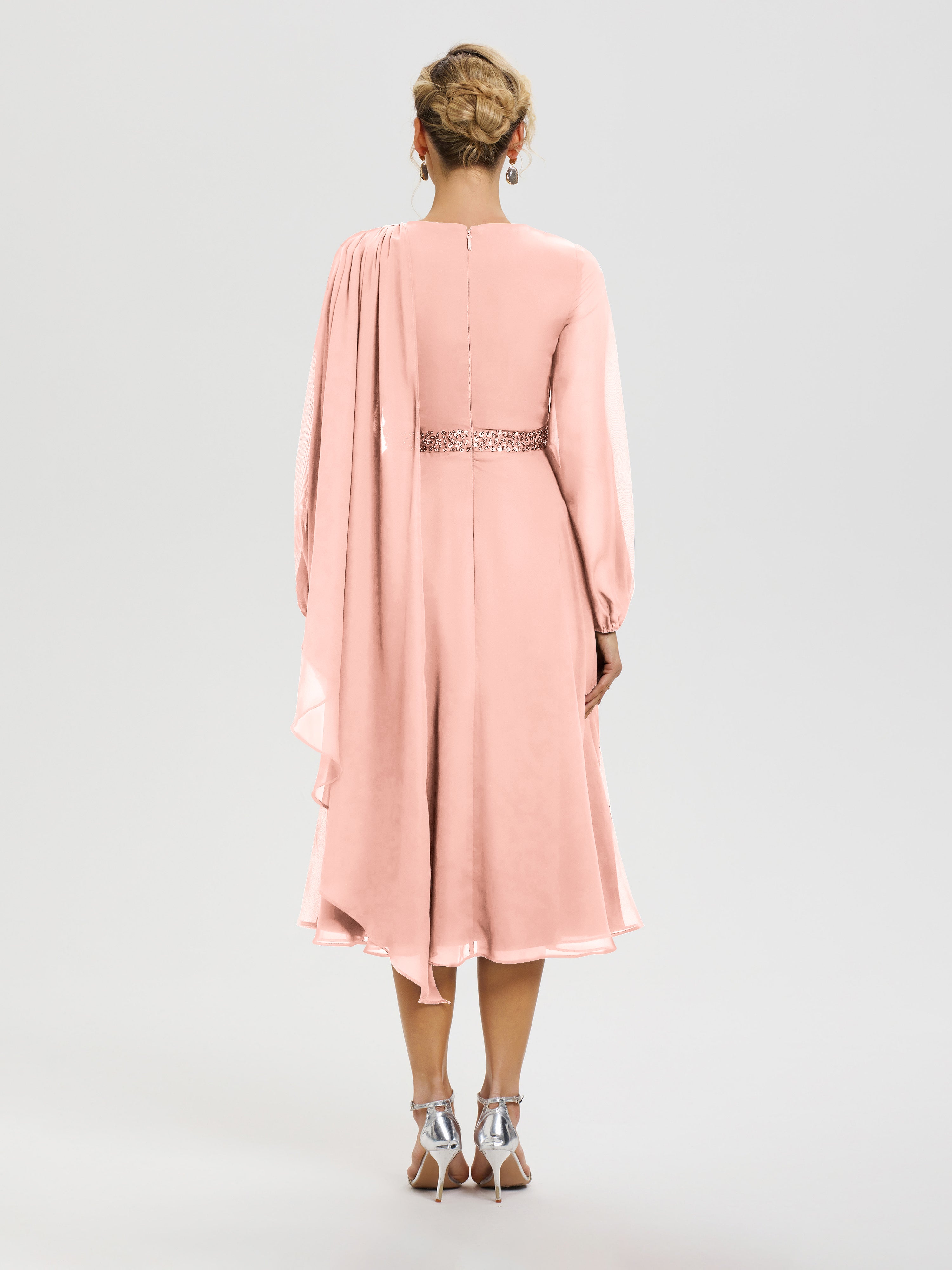 Cicinia Robe Mère De La Mariée Corail Col Rond Manches Longues Mousseline Robe De Mère Du Marié