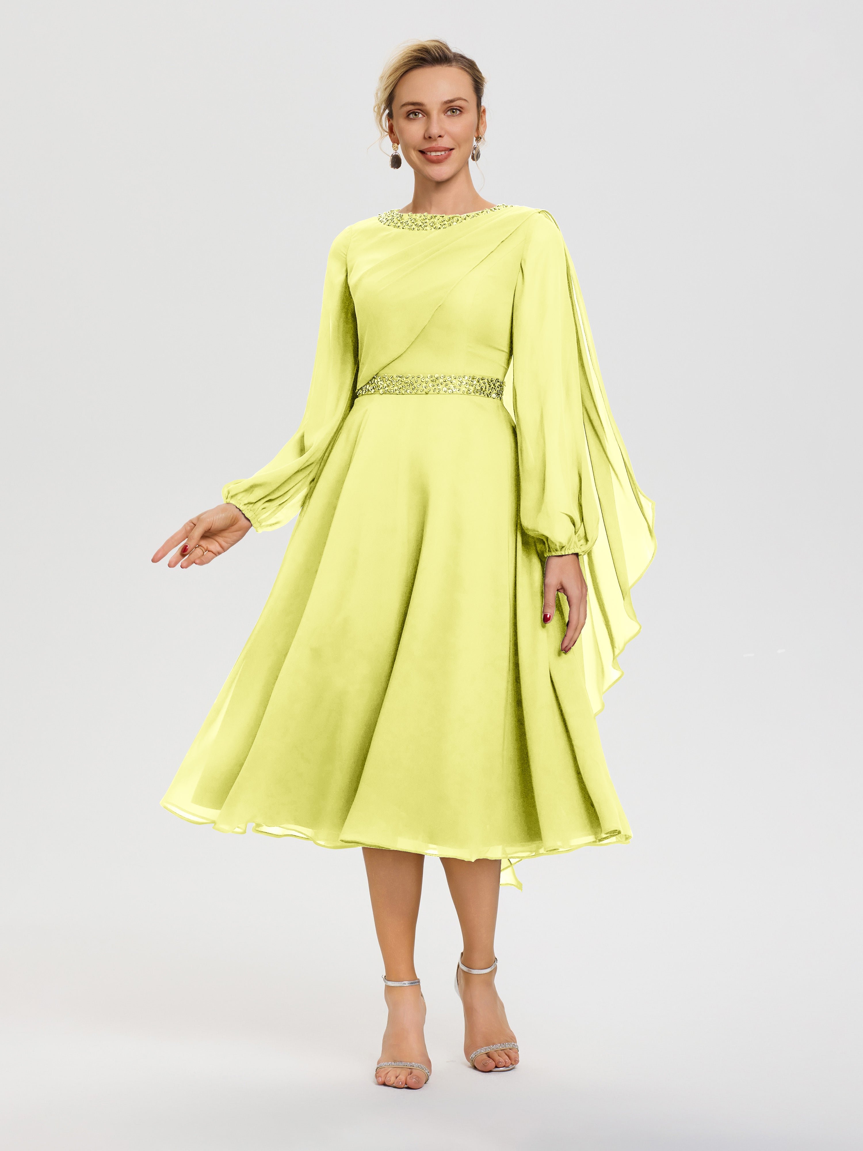 Robe Pour Mère De La Mariée Jonquille Col Rond Manches Longues Mousseline Robe De Mère Du Marié
