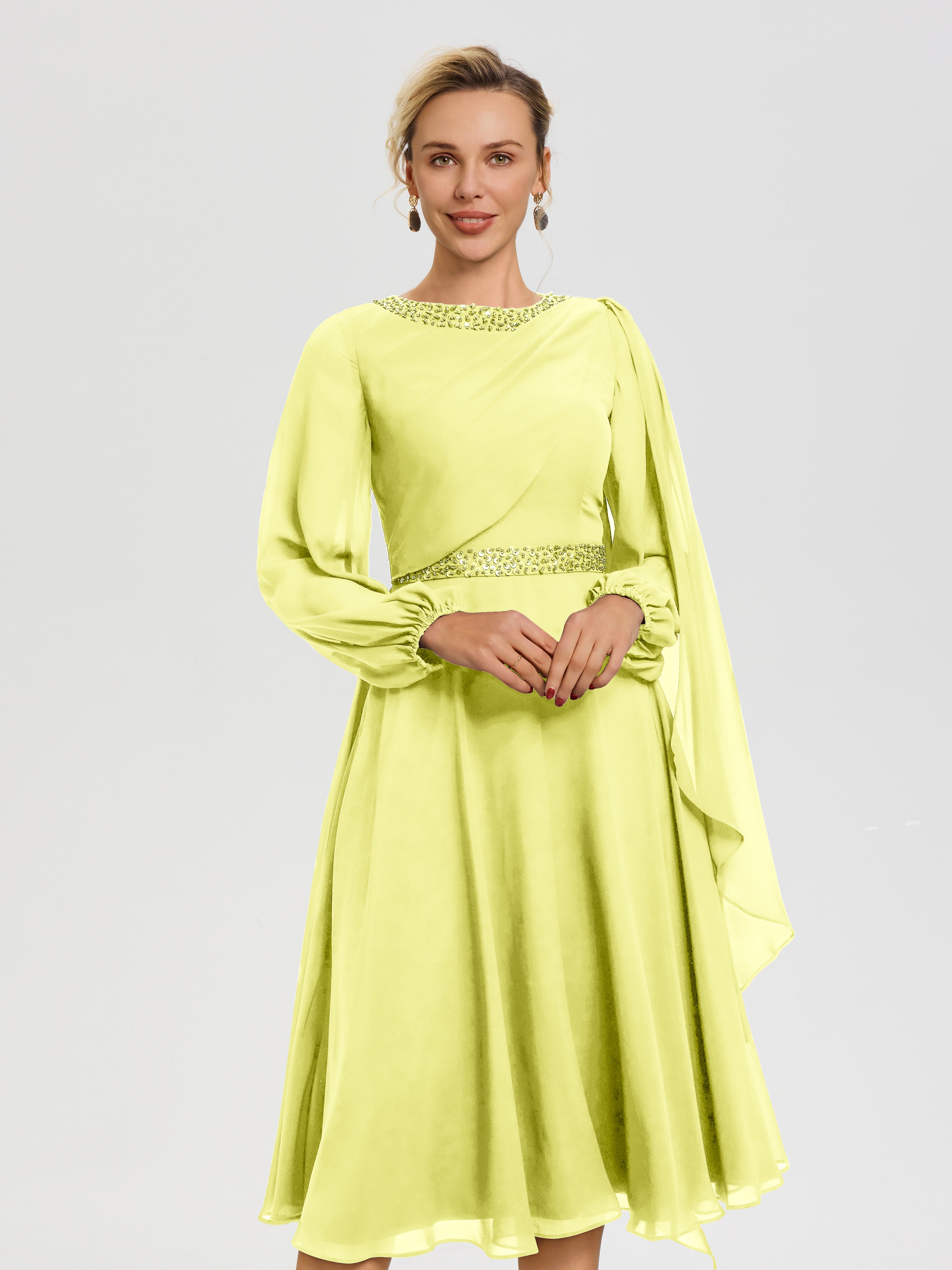 Robe Pour Mère De La Mariée Jonquille Col Rond Manches Longues Mousseline Robe De Mère Du Marié