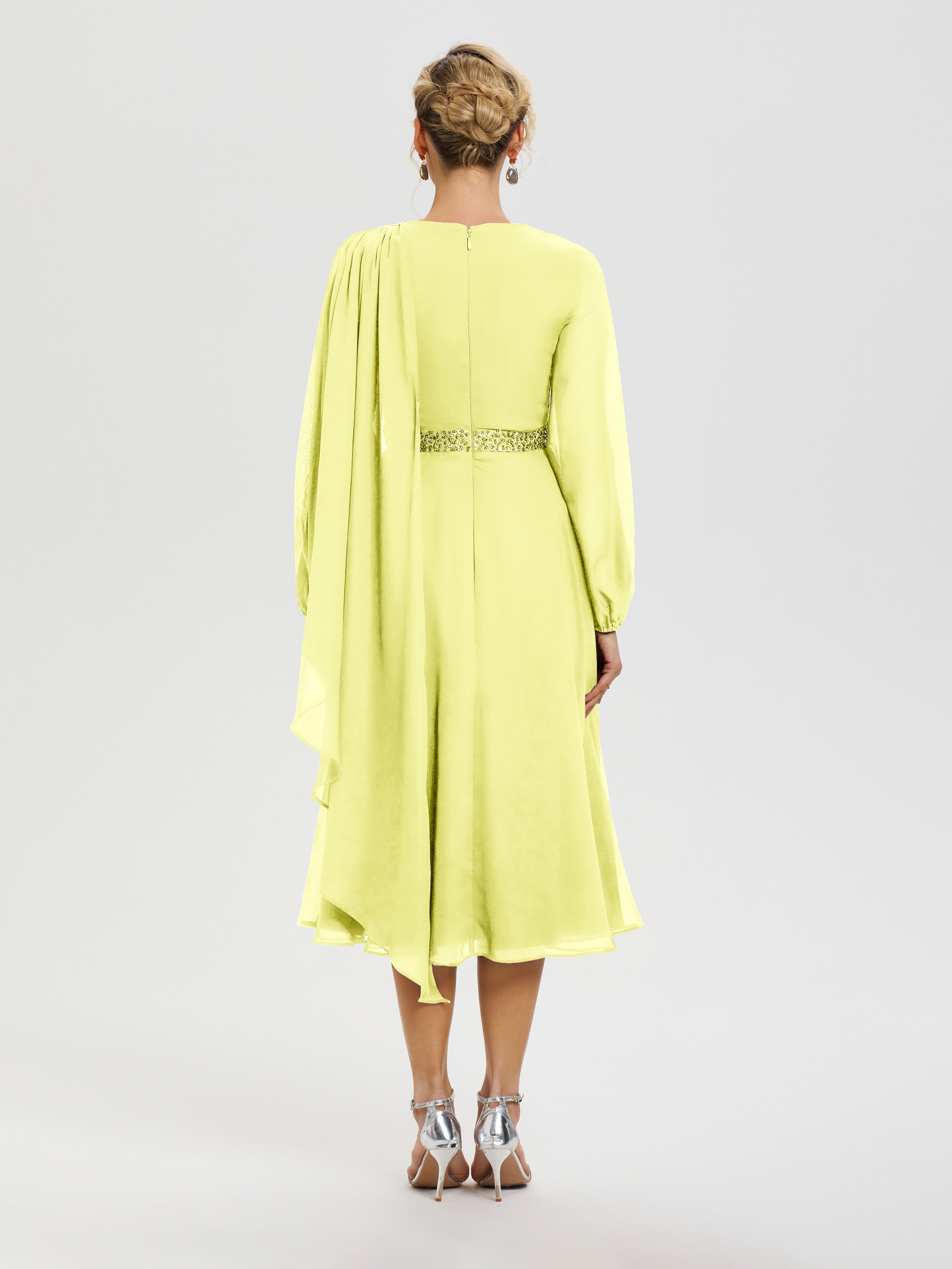 Robe Pour Mère De La Mariée Jonquille Col Rond Manches Longues Mousseline Robe De Mère Du Marié