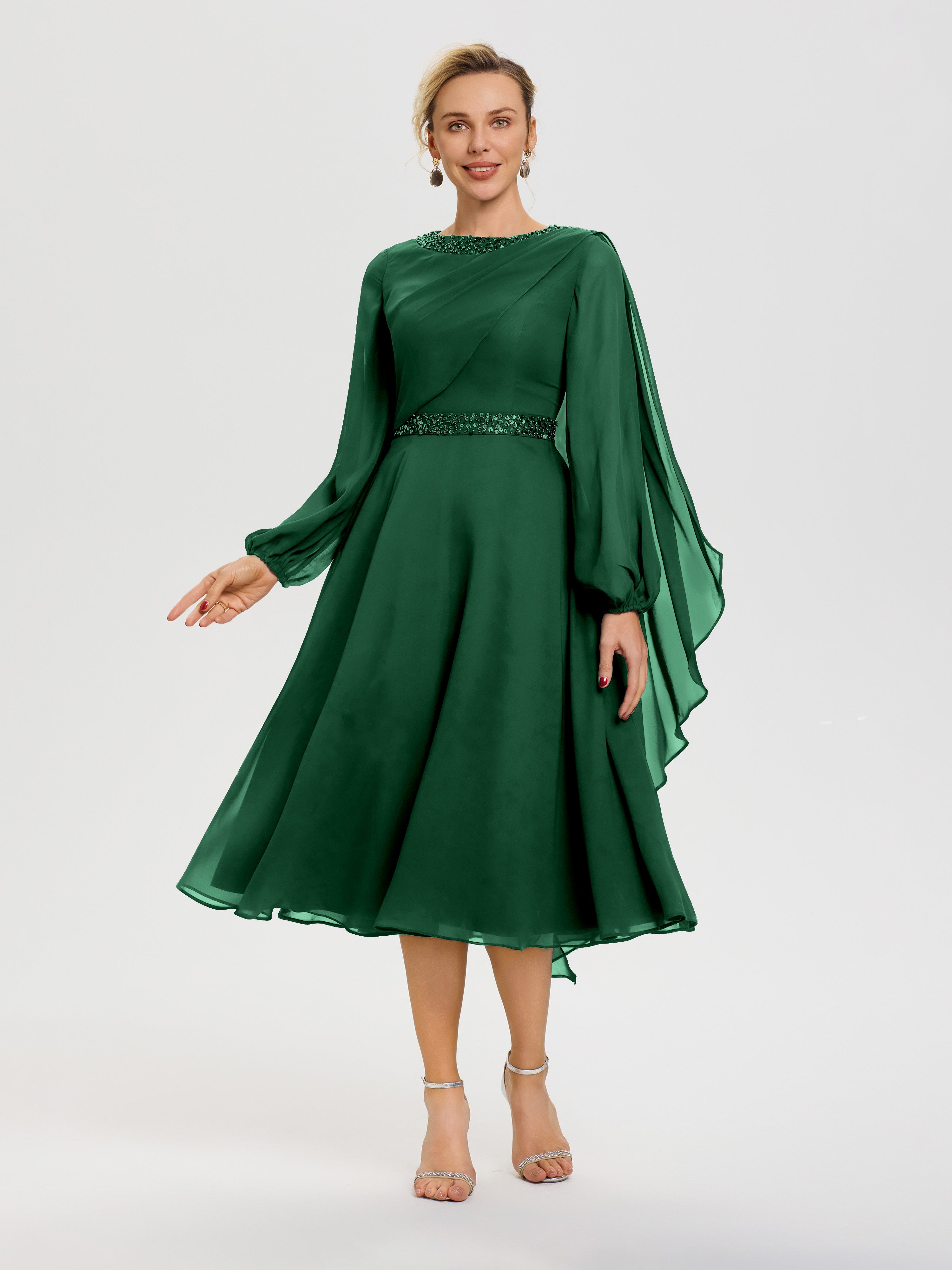 Robe De Mère De Mariée Moderne Vert Foncé Col Rond Manches Longues Mousseline Robe De Mère Du Marié