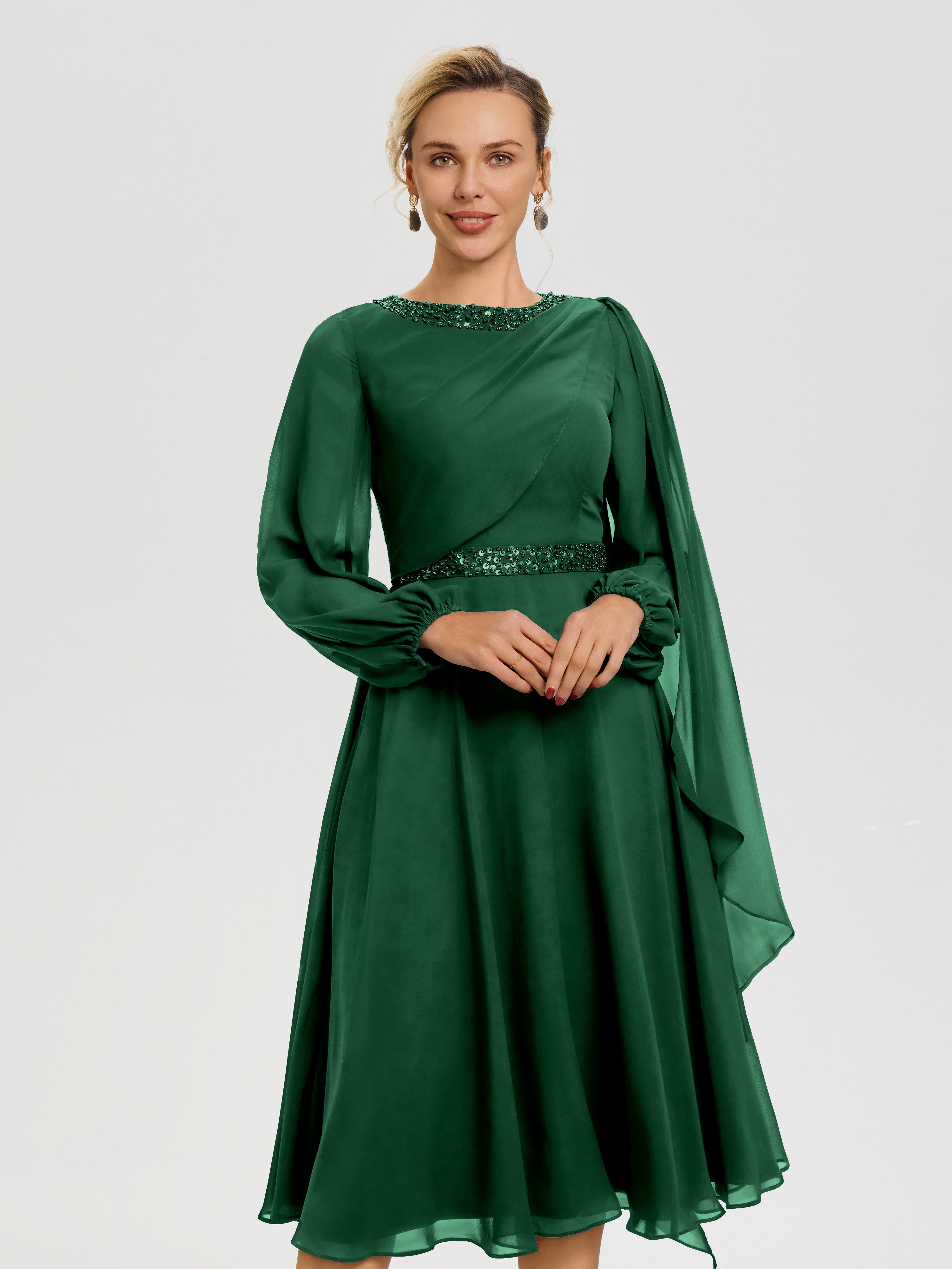 Robe De Mère De Mariée Moderne Vert Foncé Col Rond Manches Longues Mousseline Robe De Mère Du Marié