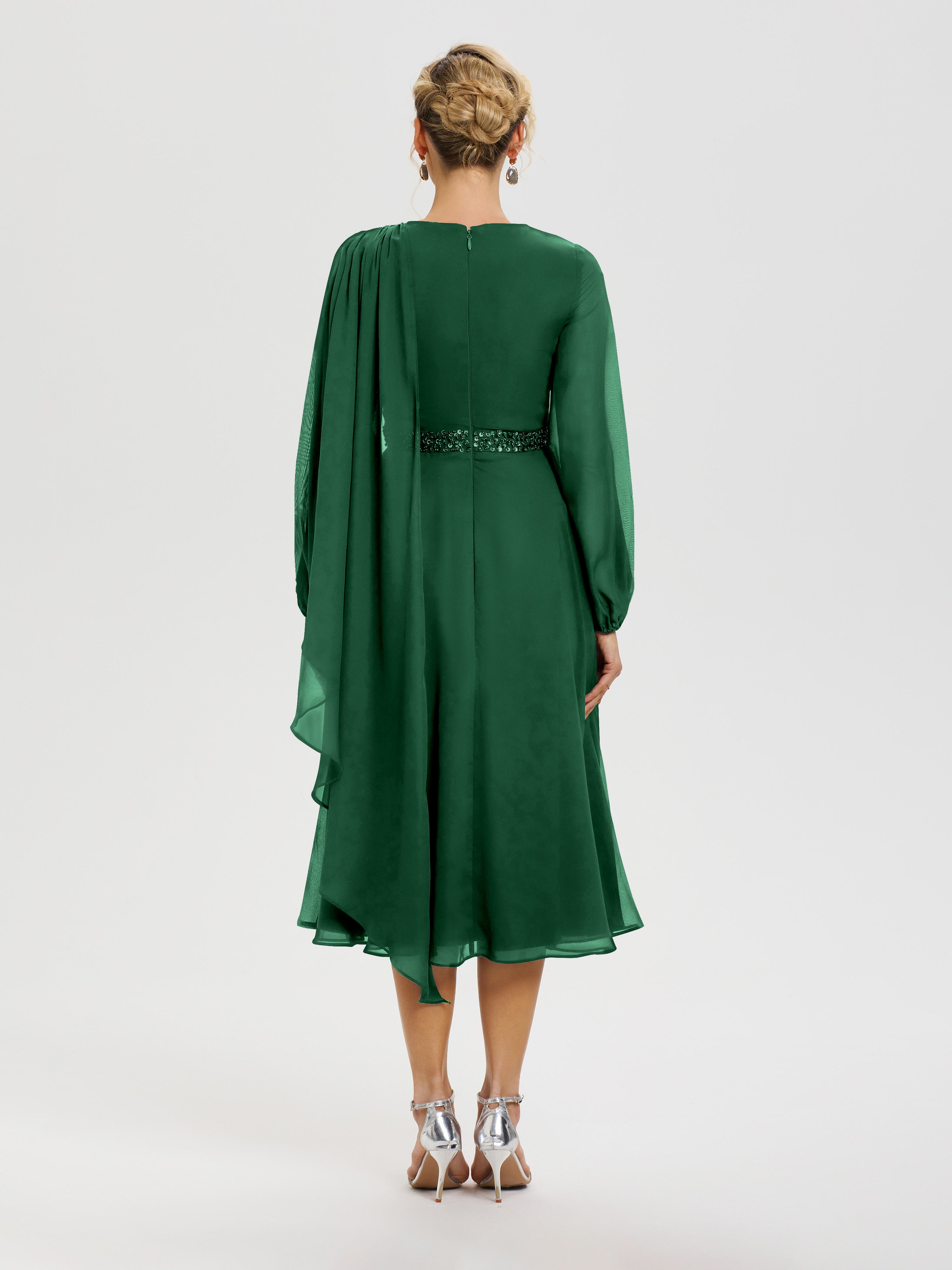 Robe De Mère De Mariée Moderne Vert Foncé Col Rond Manches Longues Mousseline Robe De Mère Du Marié