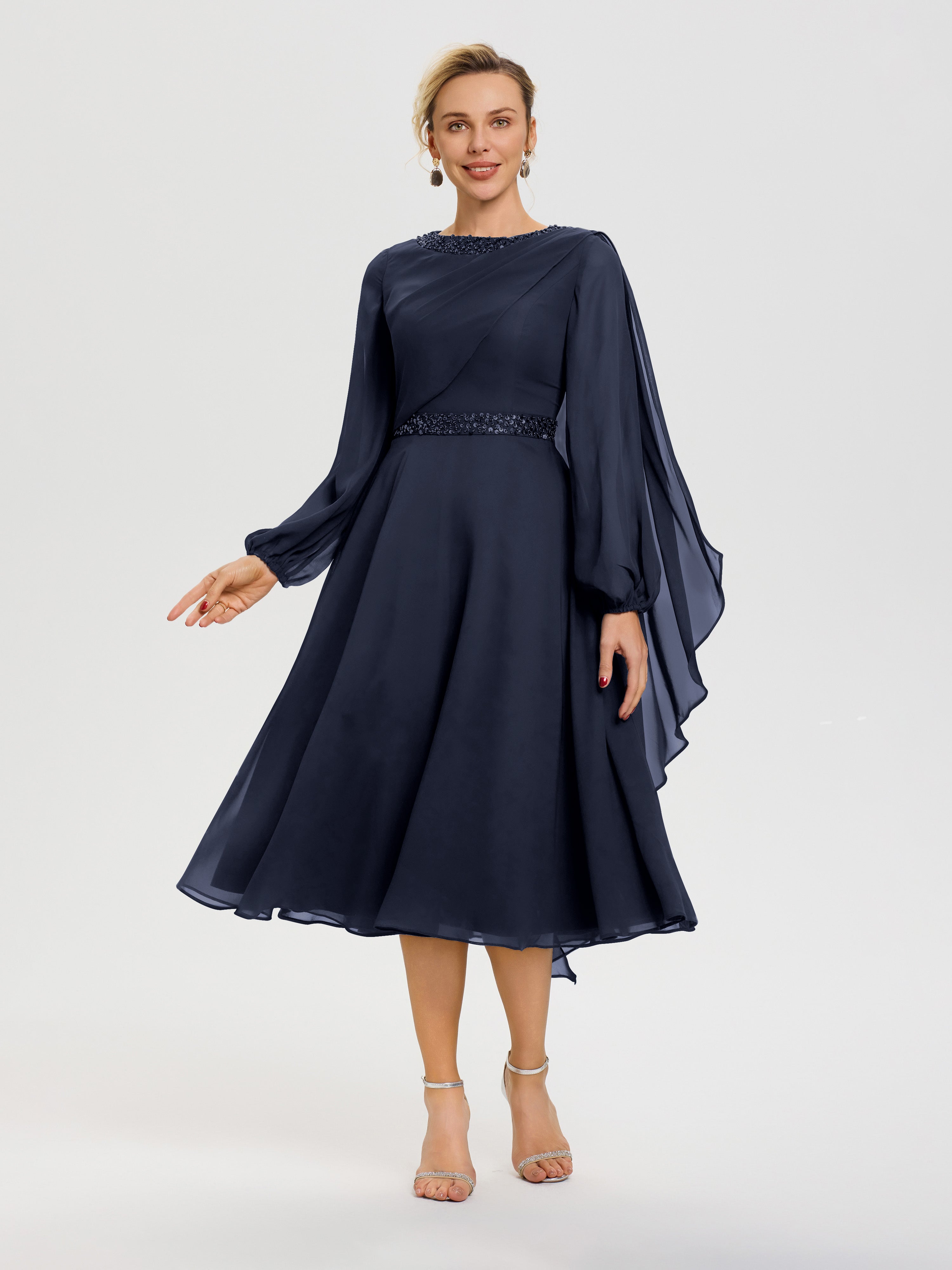Robe Mère Mariée Bleu Marine Col Rond Manches Longues Mousseline Robe De Mère Du Marié