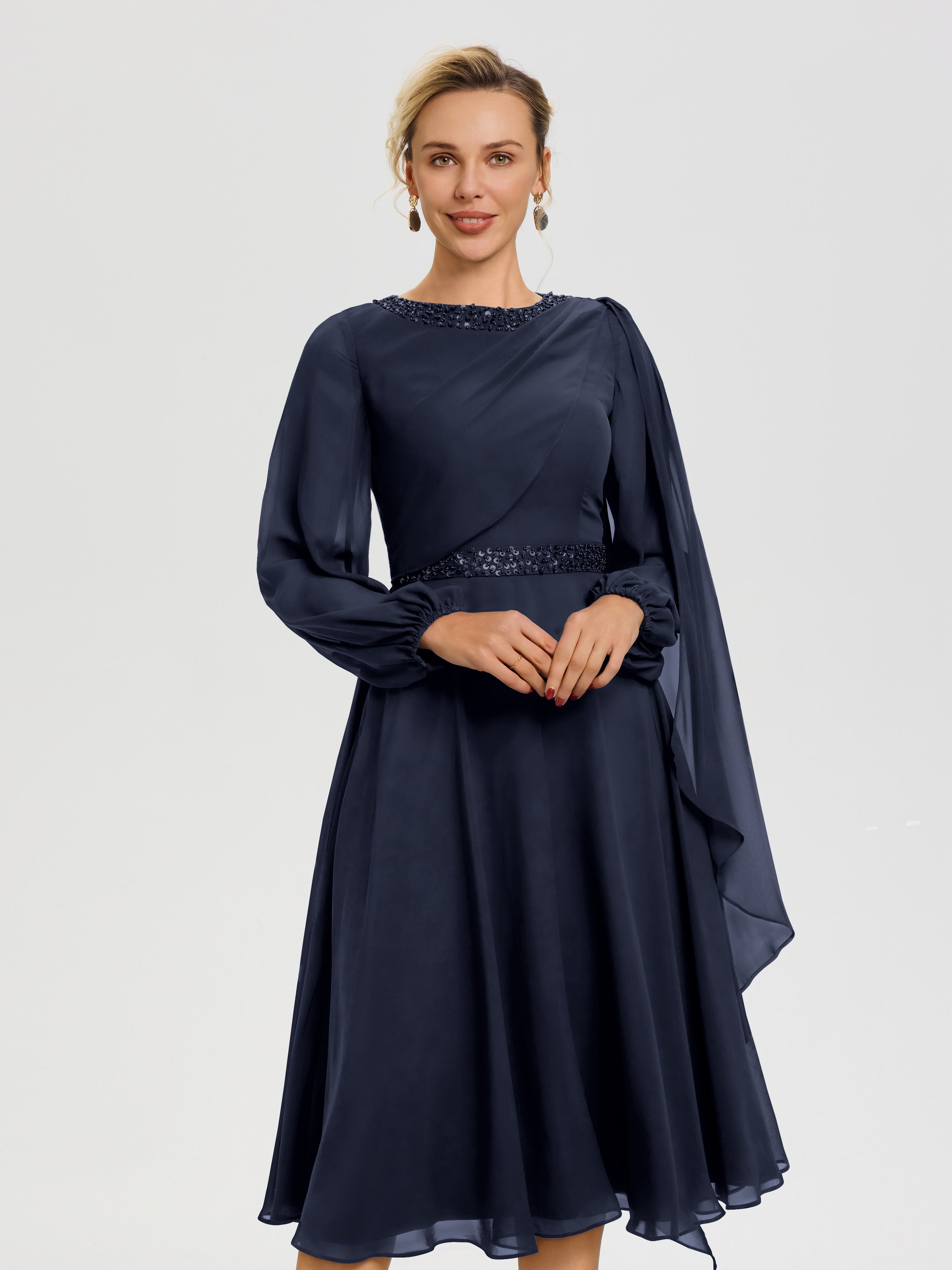 Robe Mère Mariée Bleu Marine Col Rond Manches Longues Mousseline Robe De Mère Du Marié