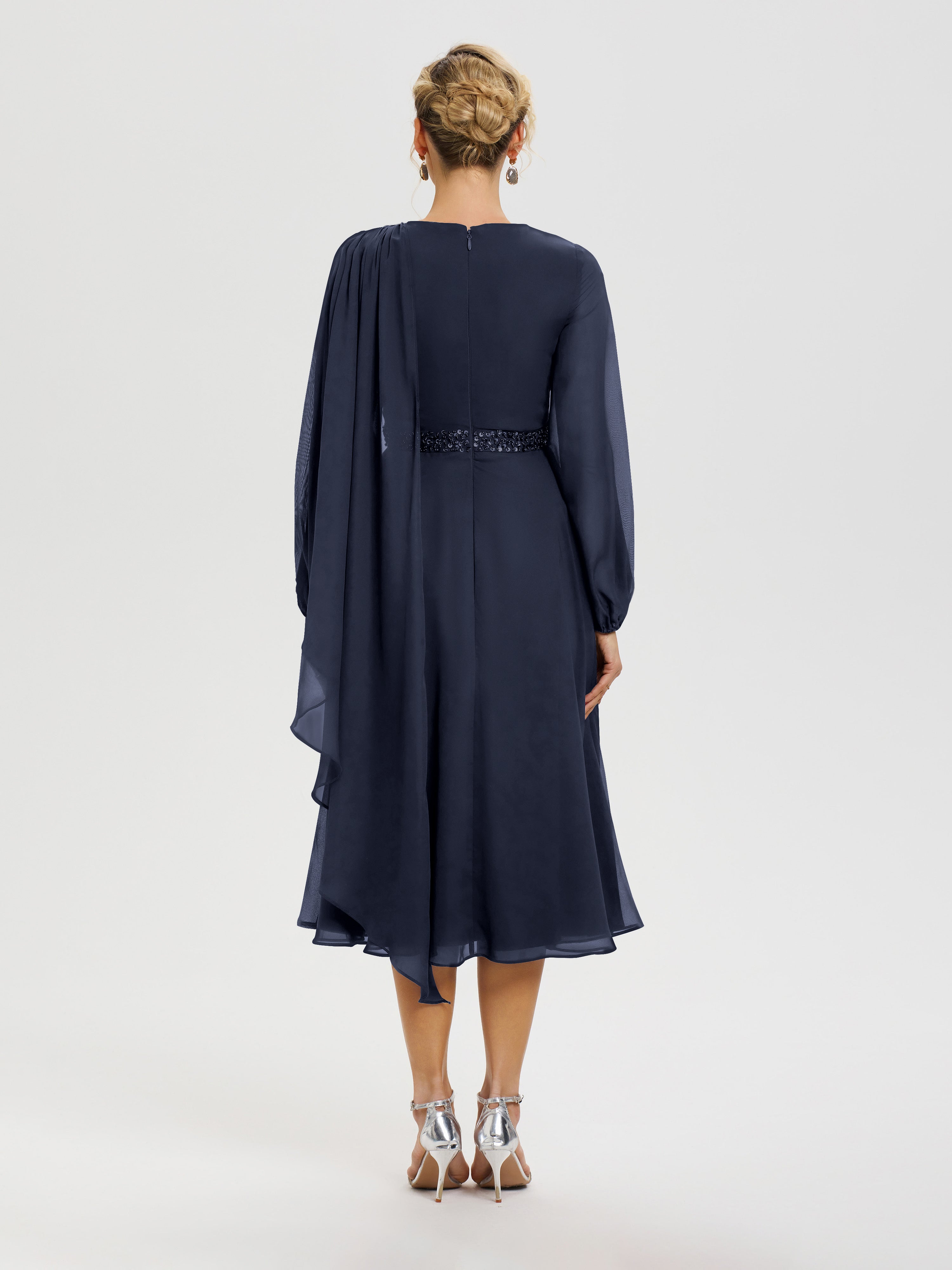 Robe Mère Mariée Bleu Marine Col Rond Manches Longues Mousseline Robe De Mère Du Marié