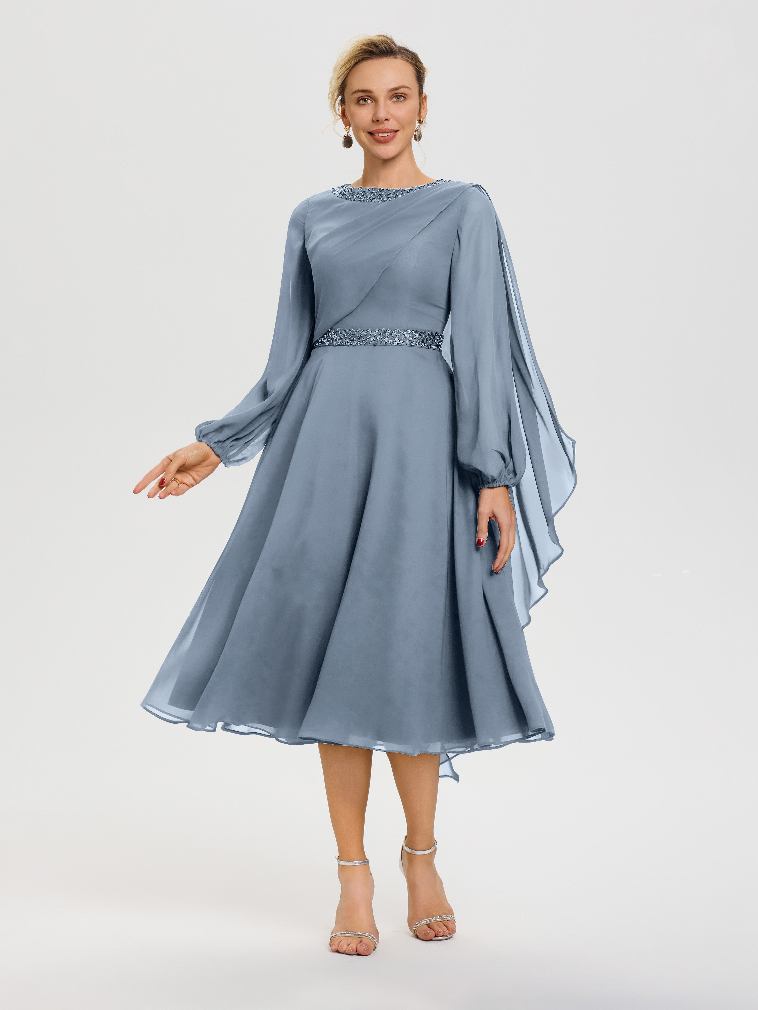 Cicinia Robe Mère De La Mariée Bleu Poudré Col Rond Manches Longues Mousseline Robe De Mère Du Marié